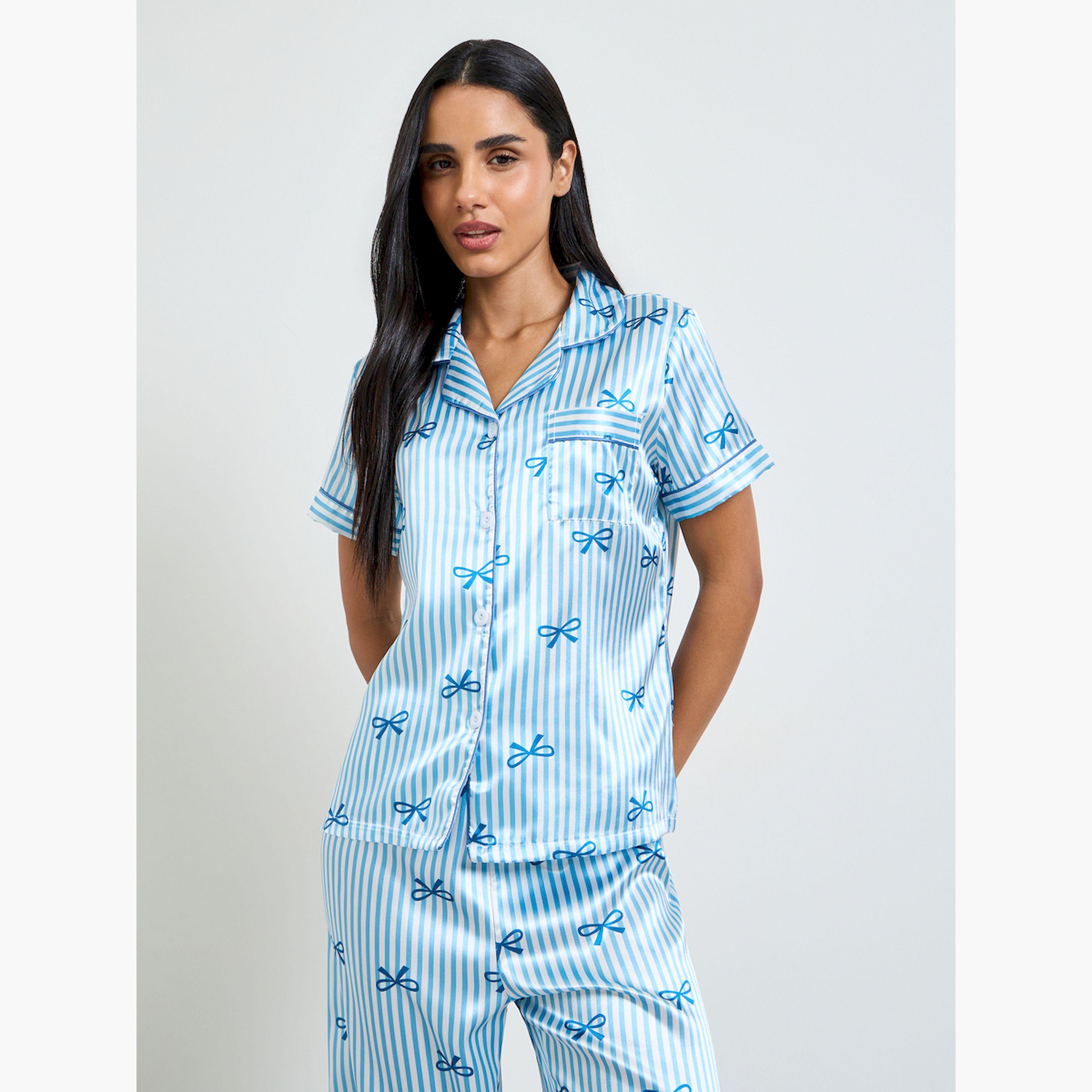 Take Two Blue Bow Print Striped Shirt and Pyjama Set-women-clothing-nightwear-pyjamas-longsets-image-3