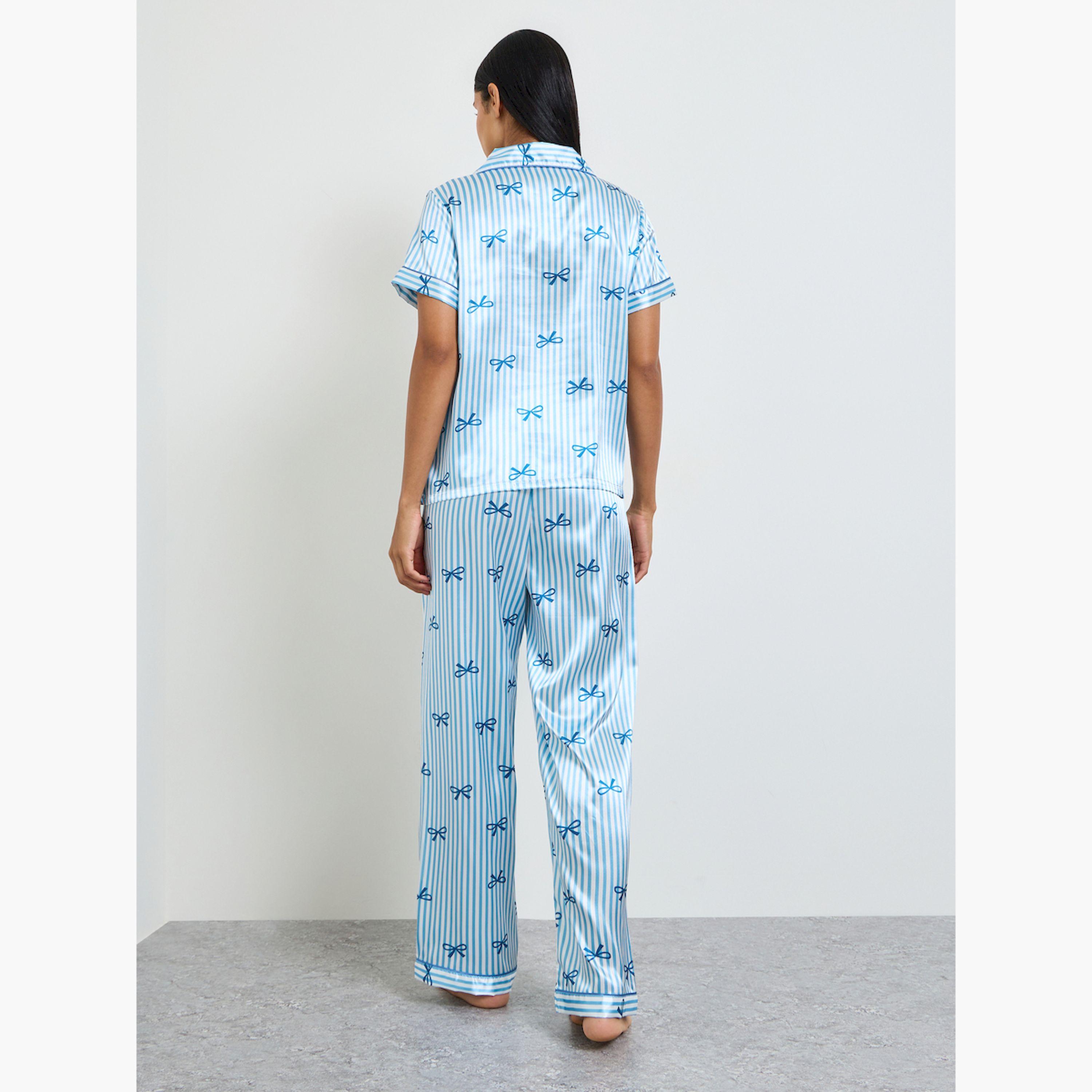 Take Two Blue Bow Print Striped Shirt and Pyjama Set-women-clothing-nightwear-pyjamas-longsets-image-4