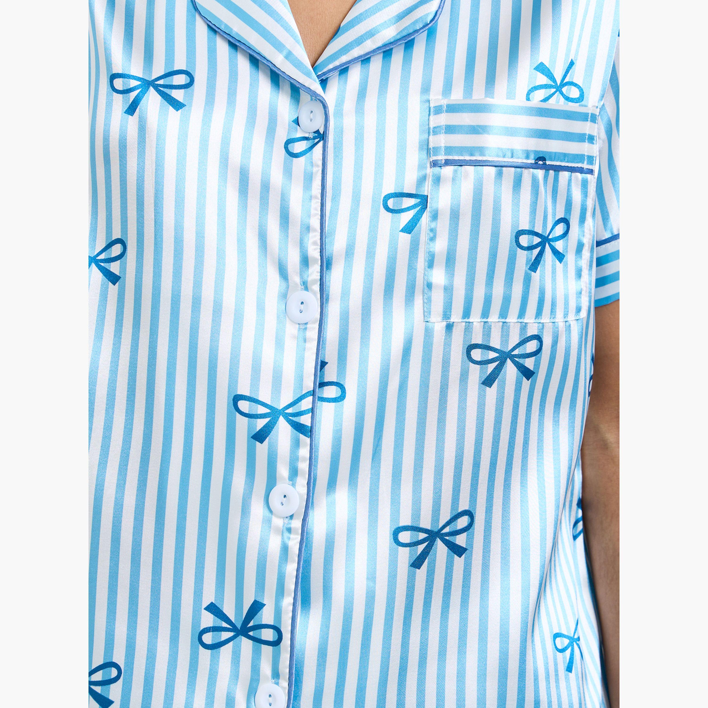 Take Two Blue Bow Print Striped Shirt and Pyjama Set-women-clothing-nightwear-pyjamas-longsets-image-6