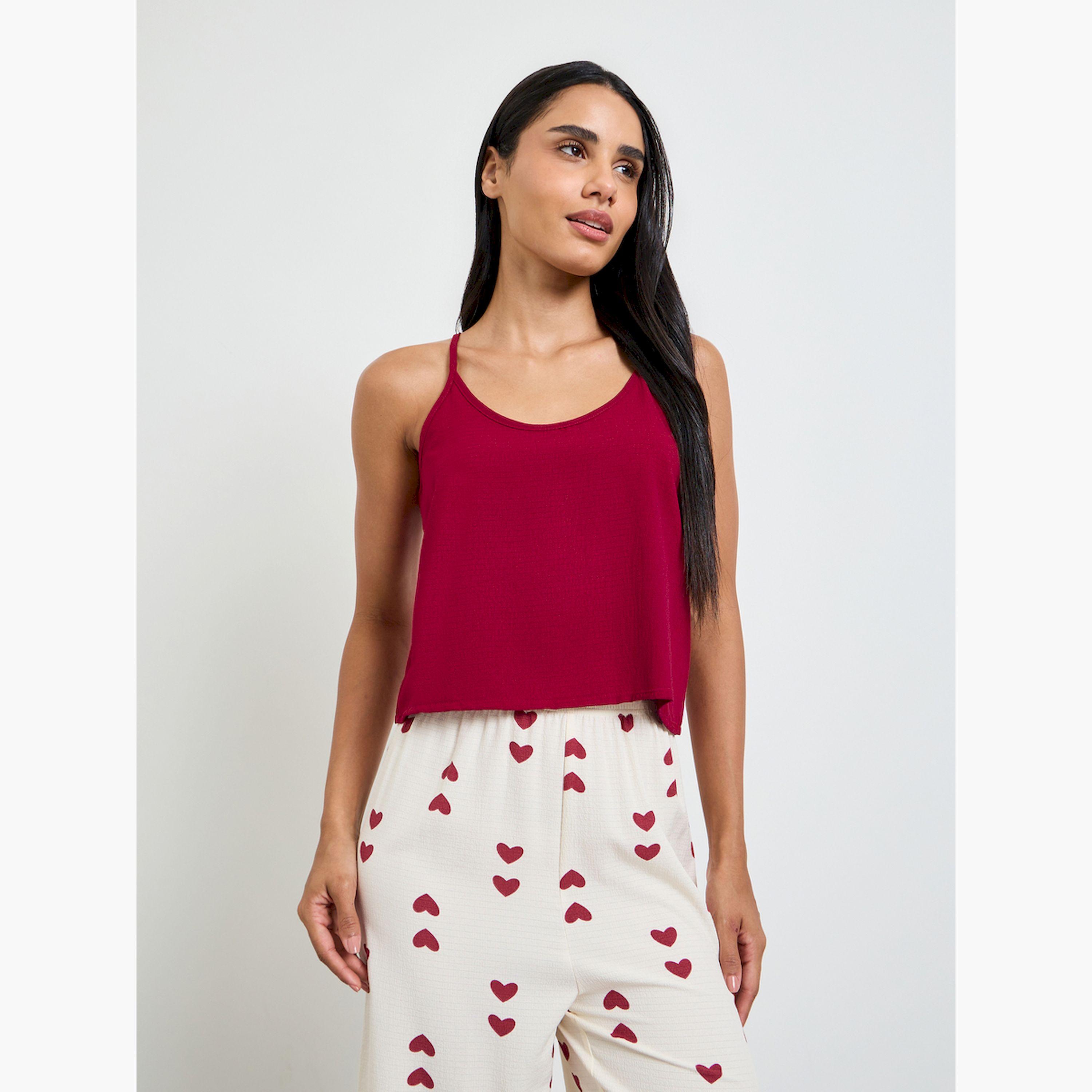 طقم بيجاما من بنطال وبلوزة حمالات سادة بطبعة قلوب-women-clothing-nightwear-pyjamas-longsets-image-2