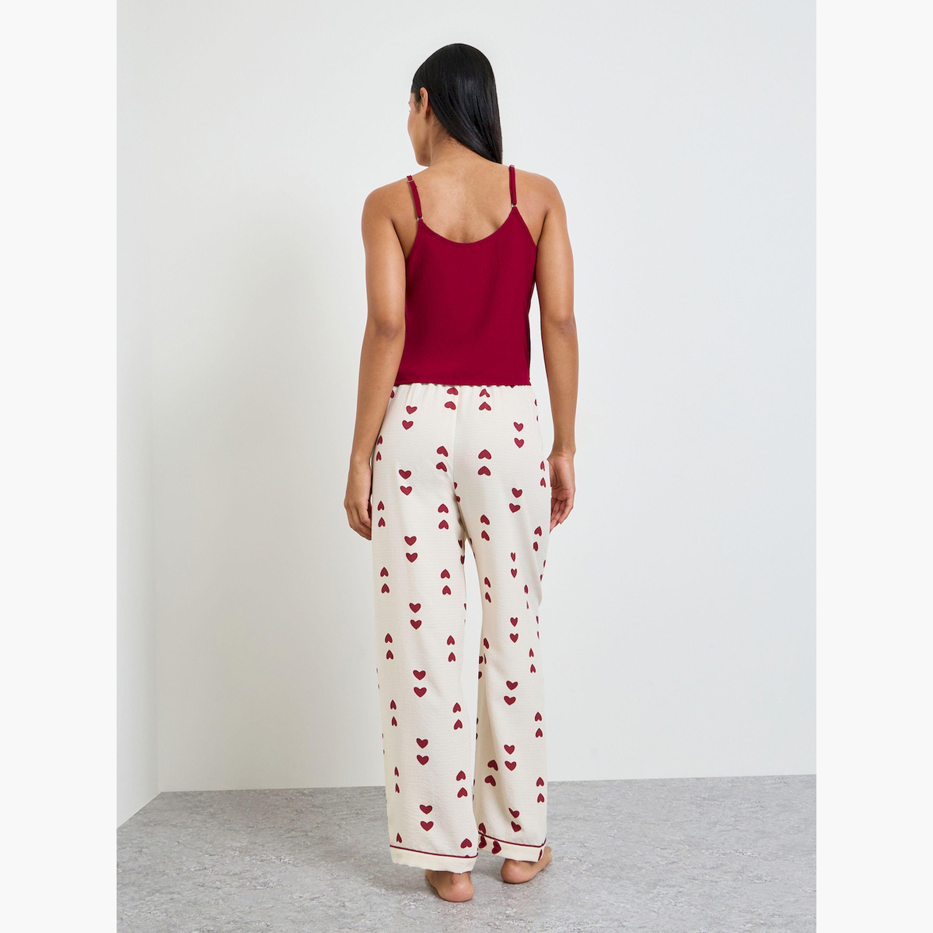 طقم بيجاما من بنطال وبلوزة حمالات سادة بطبعة قلوب-women-clothing-nightwear-pyjamas-longsets-image-3