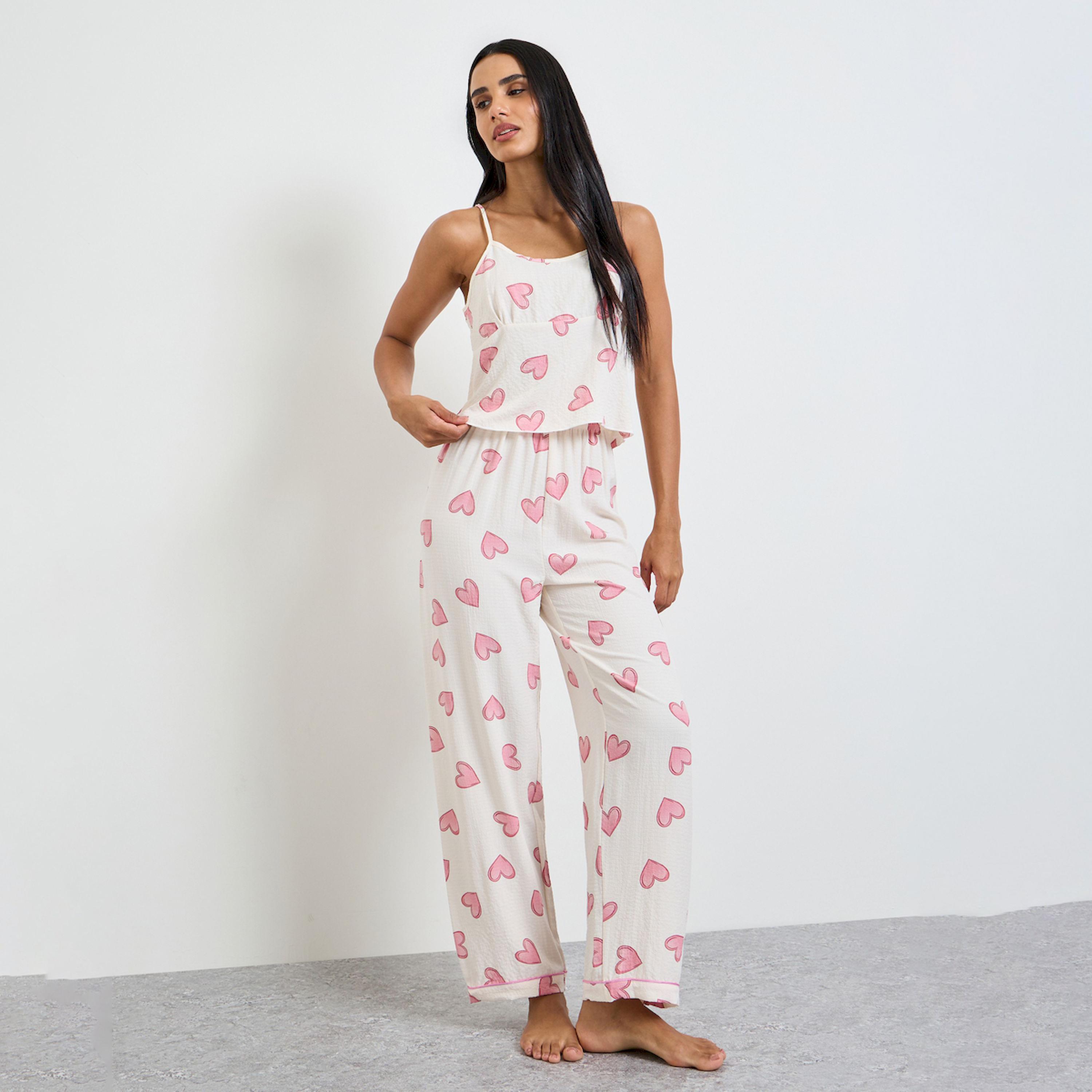 Take Two White Heart Print Cami and Pyjama Set-women-clothing-nightwear-pyjamas-longsets-image-1