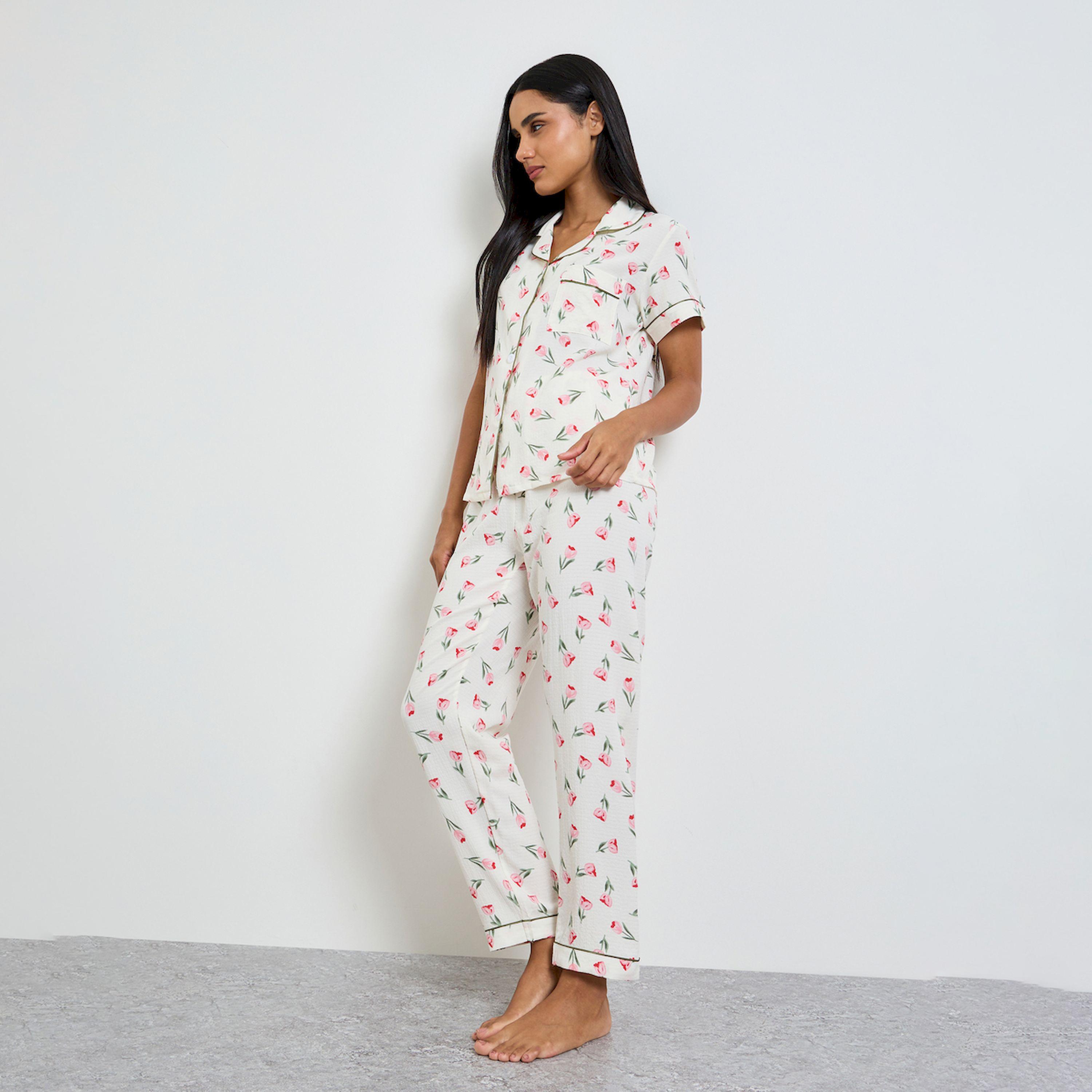 Take Two White Floral Print Shirt and Pyjama Set-women-clothing-nightwear-pyjamas-longsets-image-1
