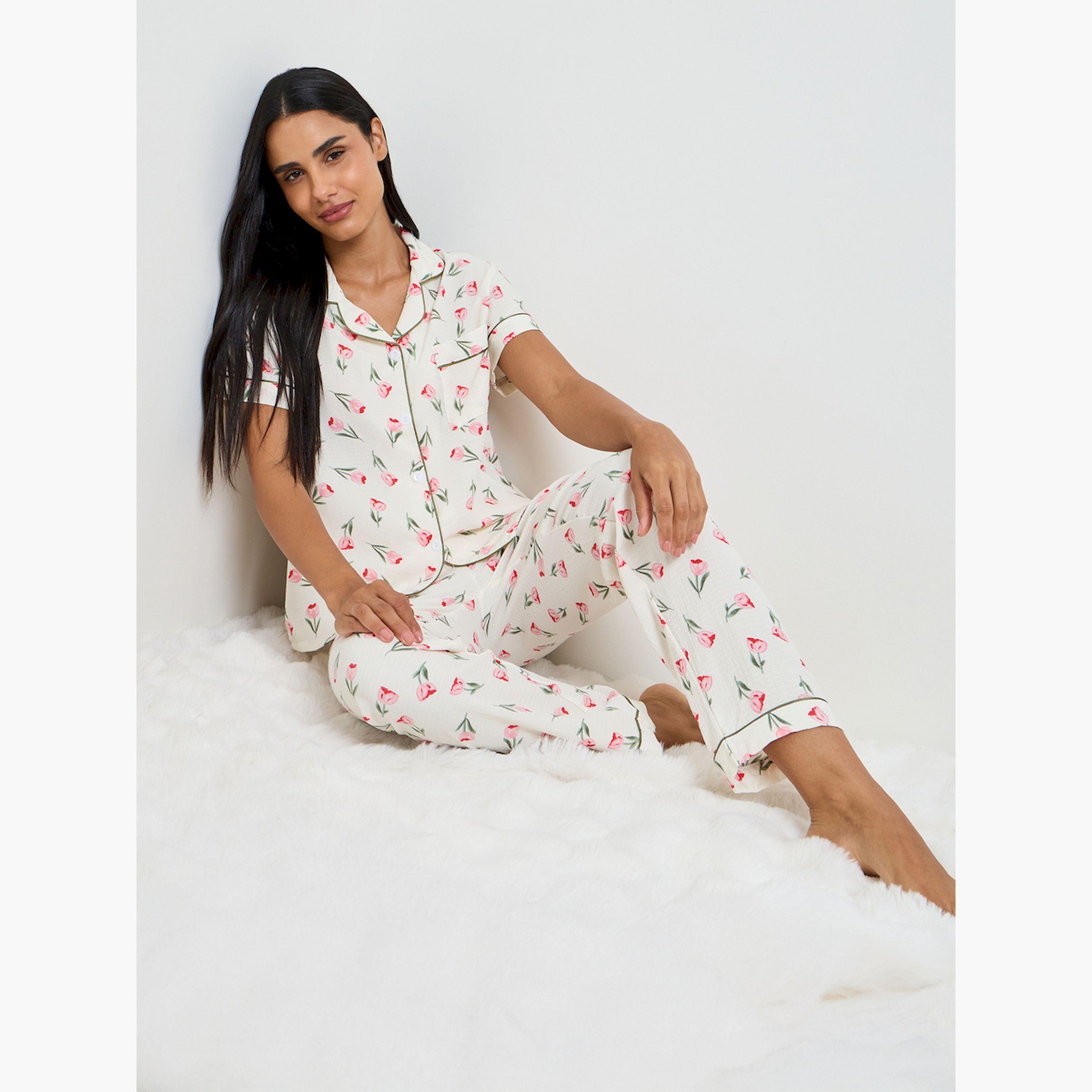 Take Two White Floral Print Shirt and Pyjama Set-women-clothing-nightwear-pyjamas-longsets-image-2