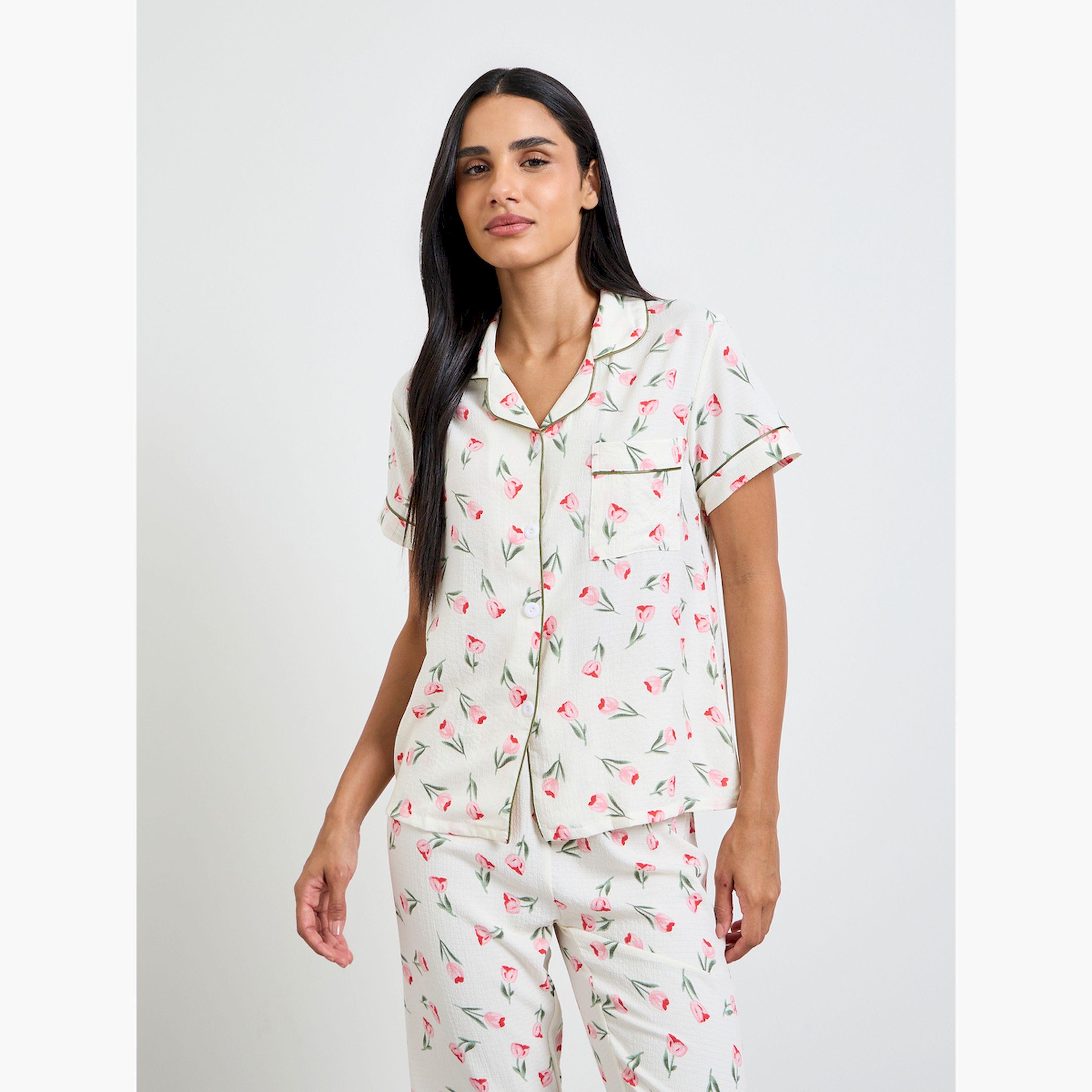 Take Two White Floral Print Shirt and Pyjama Set-women-clothing-nightwear-pyjamas-longsets-image-3