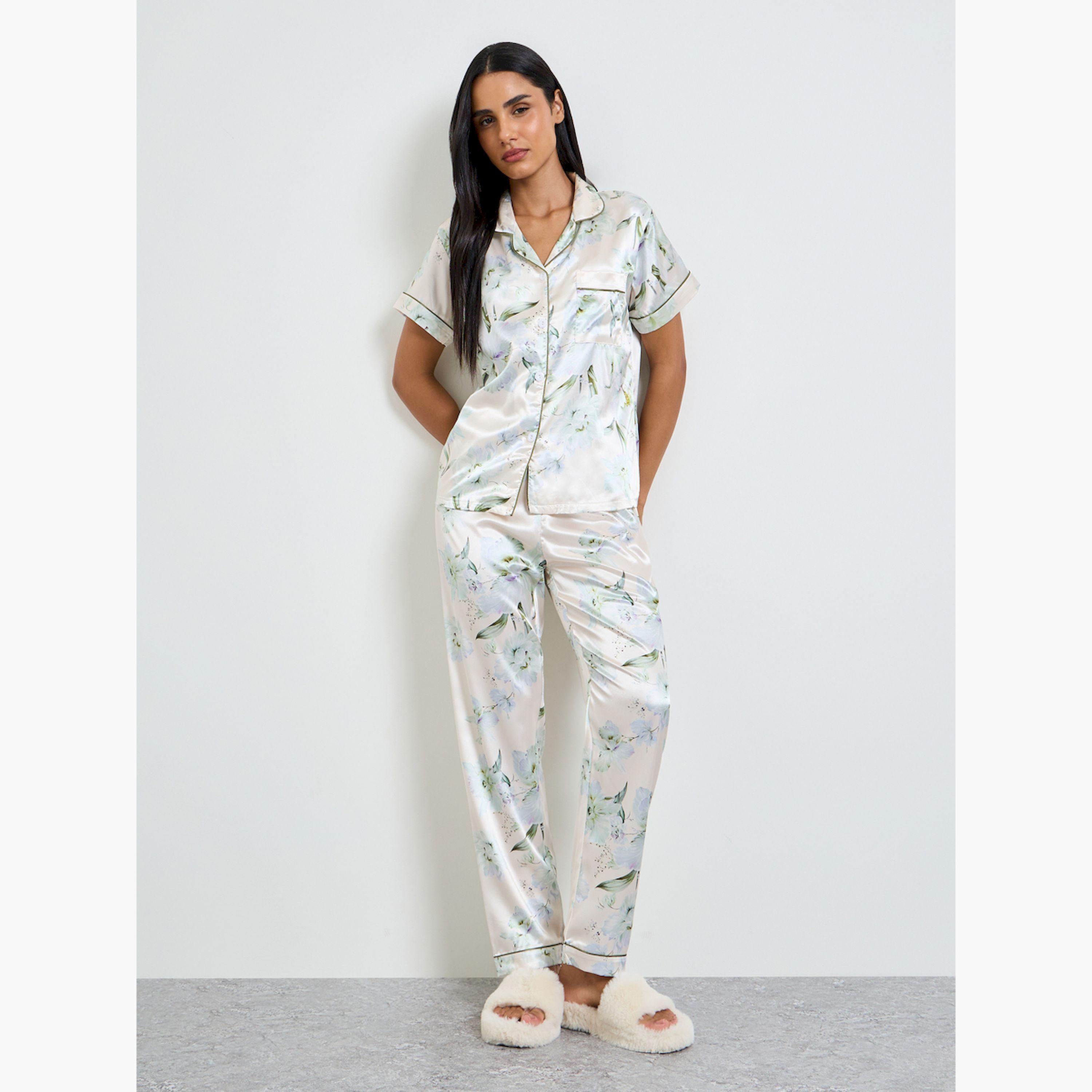 Take Two Off White Satin Floral Shirt and Pyjama Set-women-clothing-nightwear-pyjamas-longsets-image-1