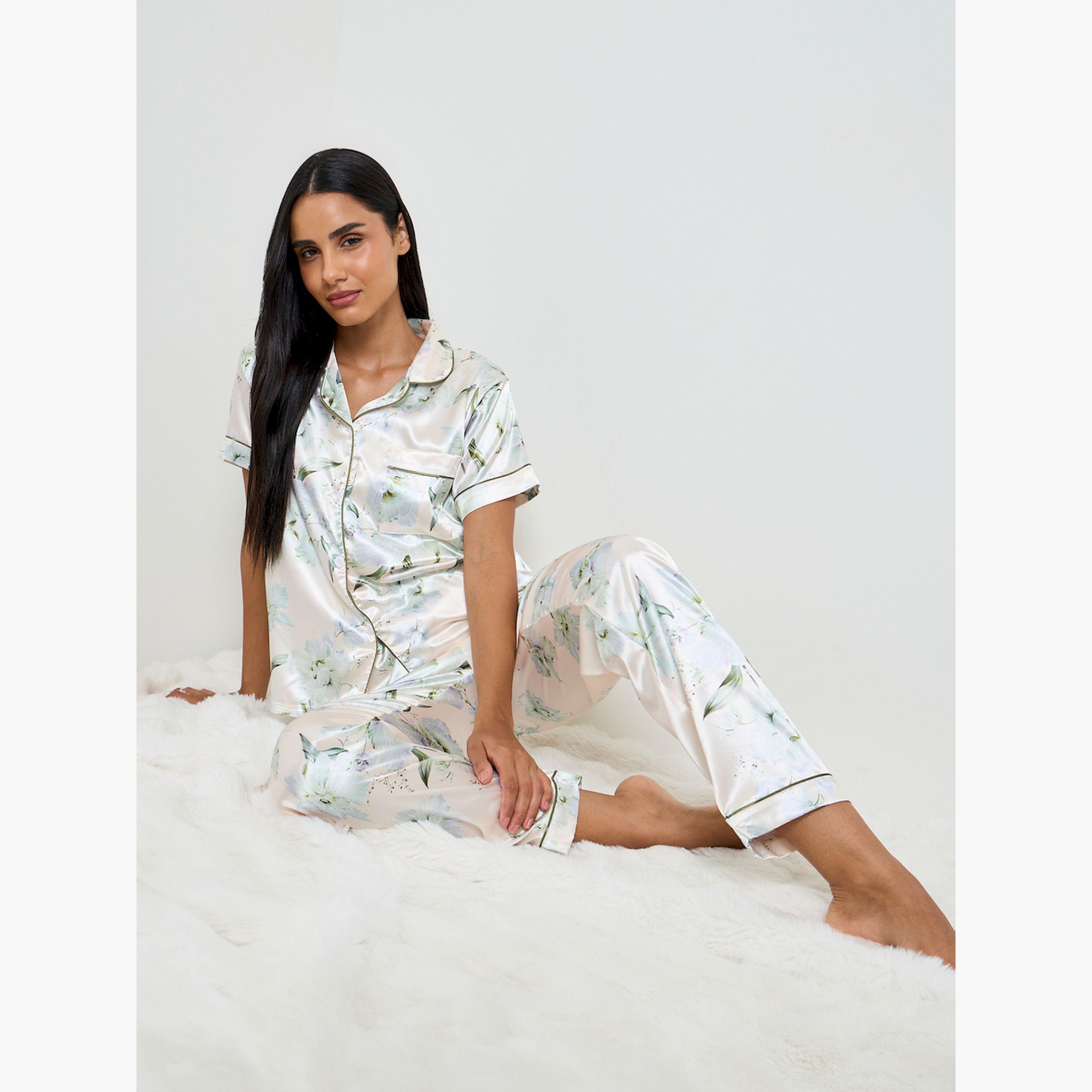 Take Two Off White Satin Floral Shirt and Pyjama Set-women-clothing-nightwear-pyjamas-longsets-image-2