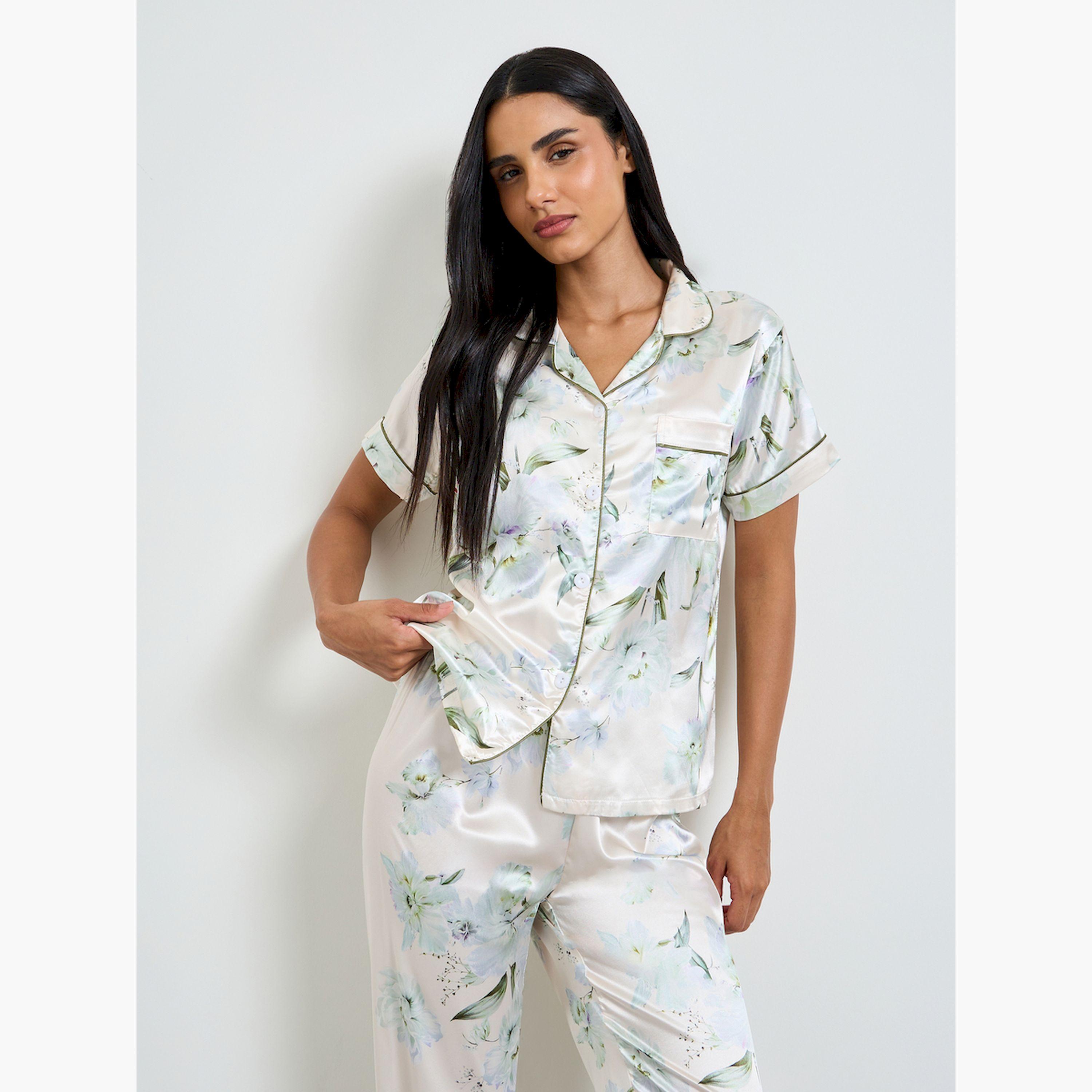Take Two Off White Satin Floral Shirt and Pyjama Set-women-clothing-nightwear-pyjamas-longsets-image-3