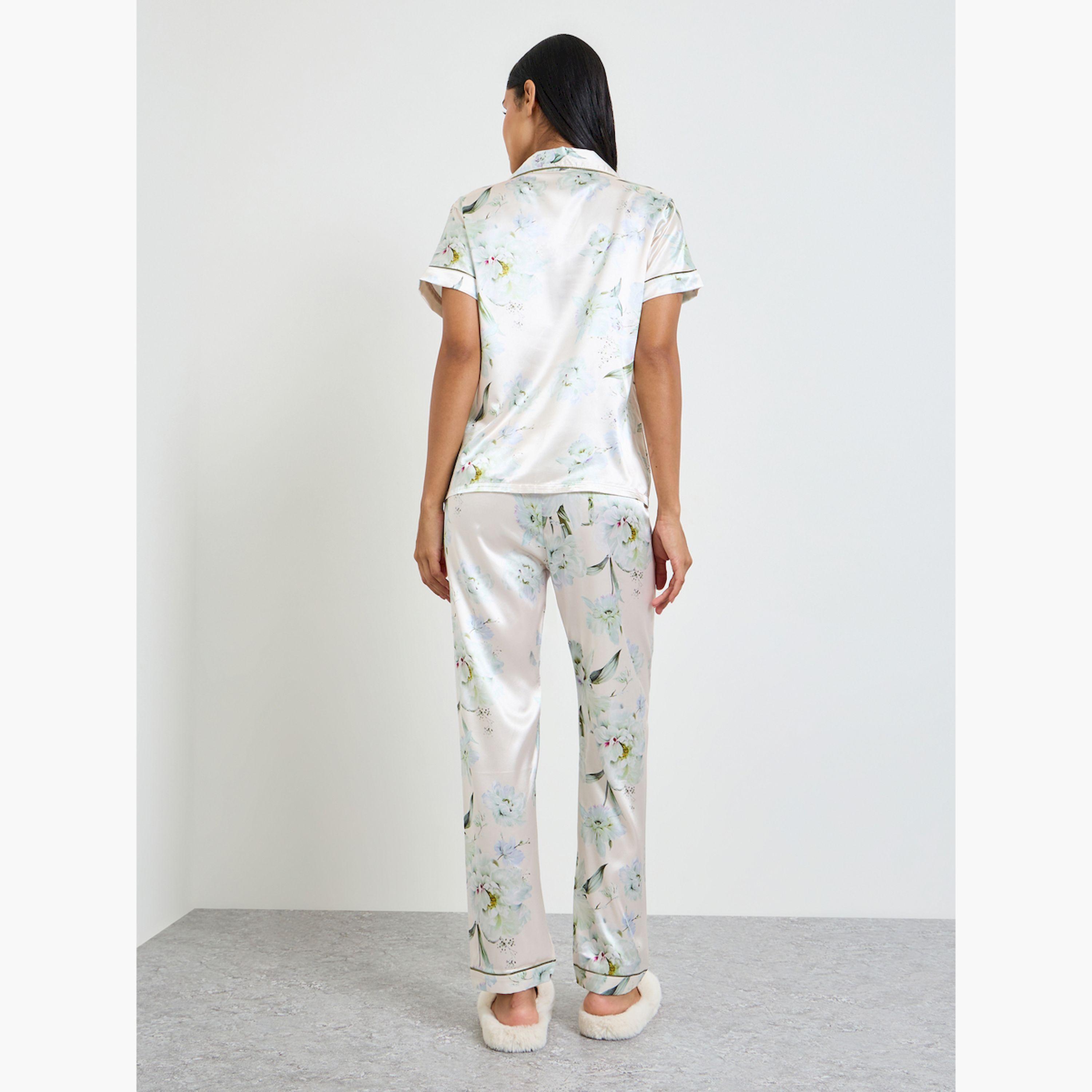 Take Two Off White Satin Floral Shirt and Pyjama Set-women-clothing-nightwear-pyjamas-longsets-image-4