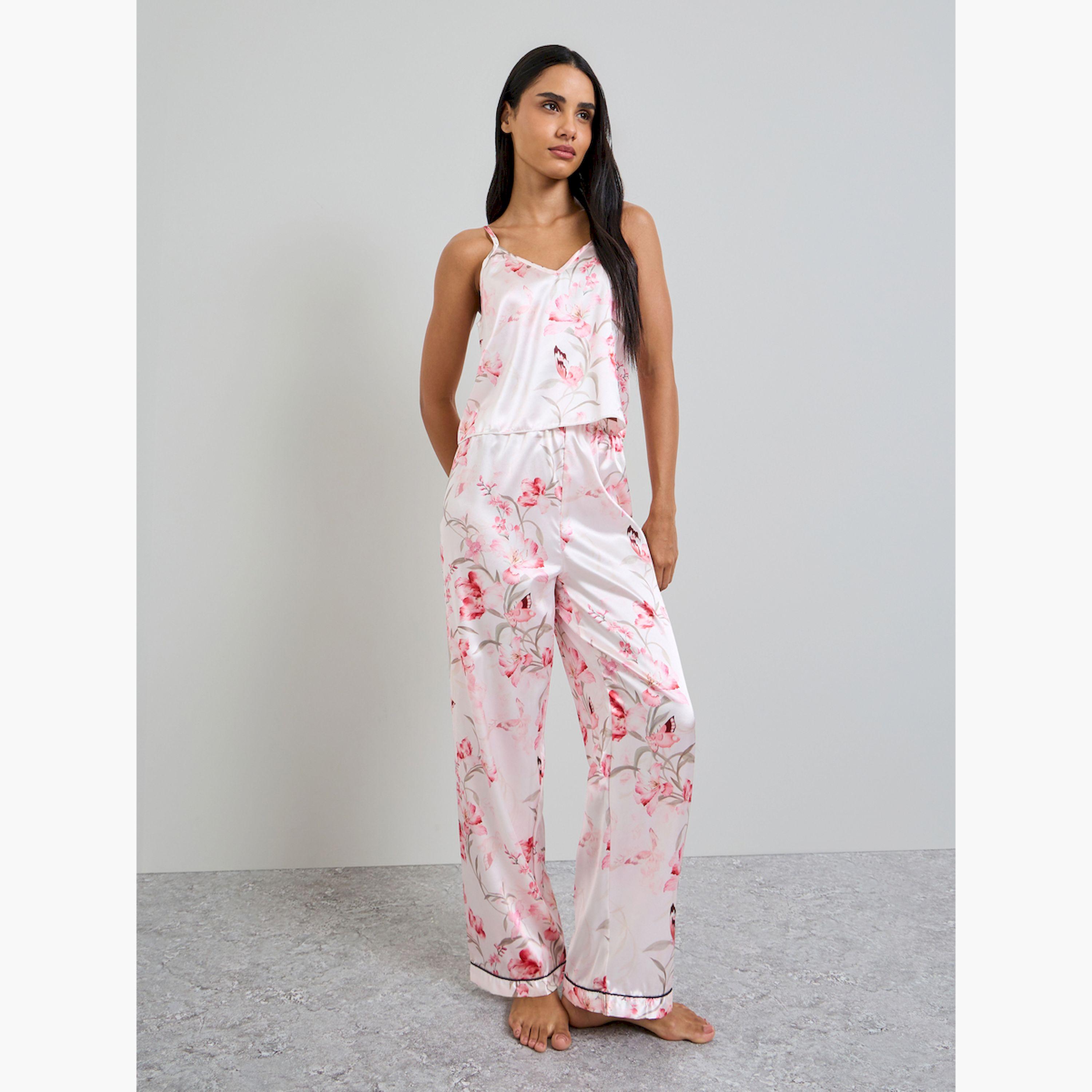 طقم بيجاما من بنطال وبلوزة حمالات بطبعة زهور-women-clothing-nightwear-pyjamas-longsets-image-1