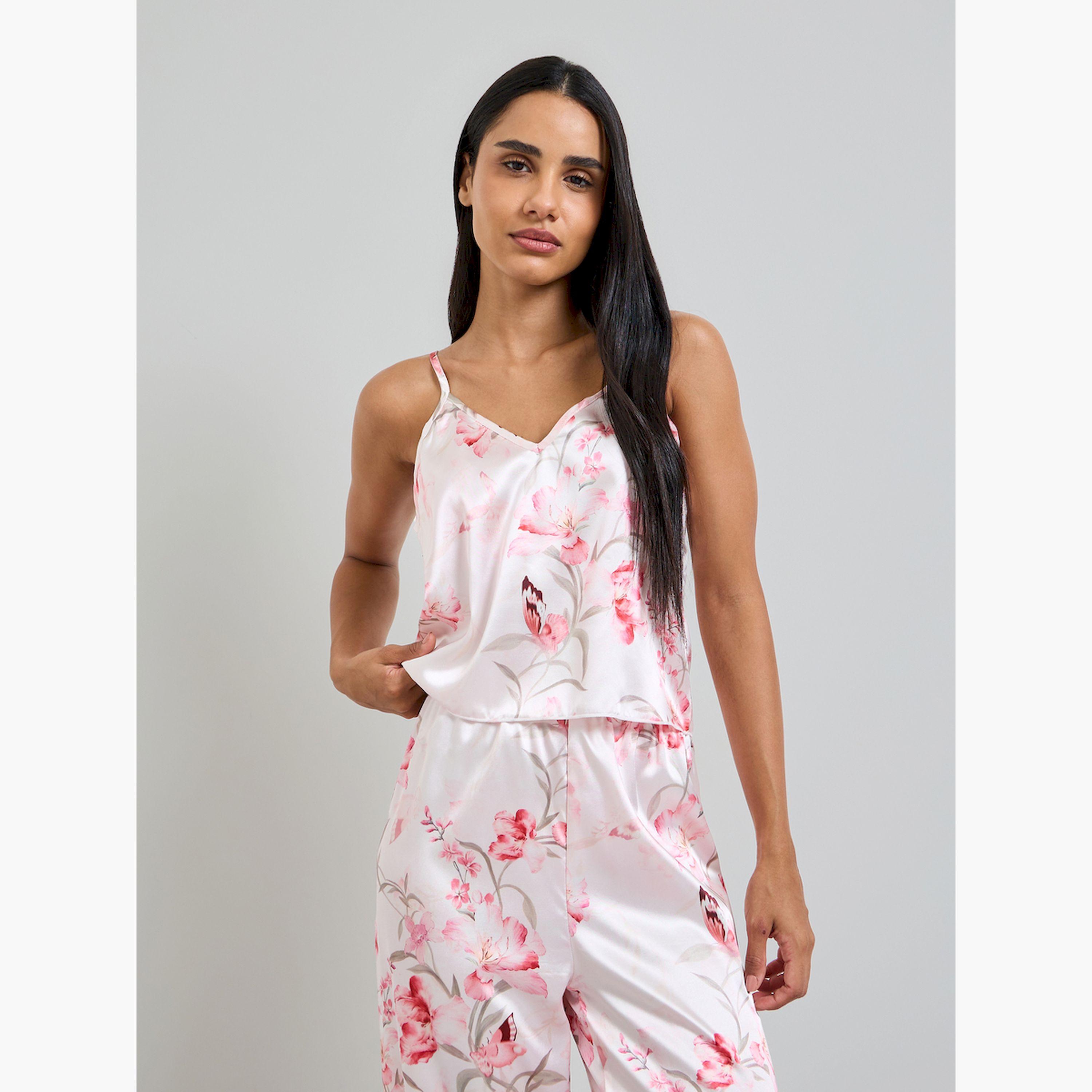 طقم بيجاما من بنطال وبلوزة حمالات بطبعة زهور-women-clothing-nightwear-pyjamas-longsets-image-2