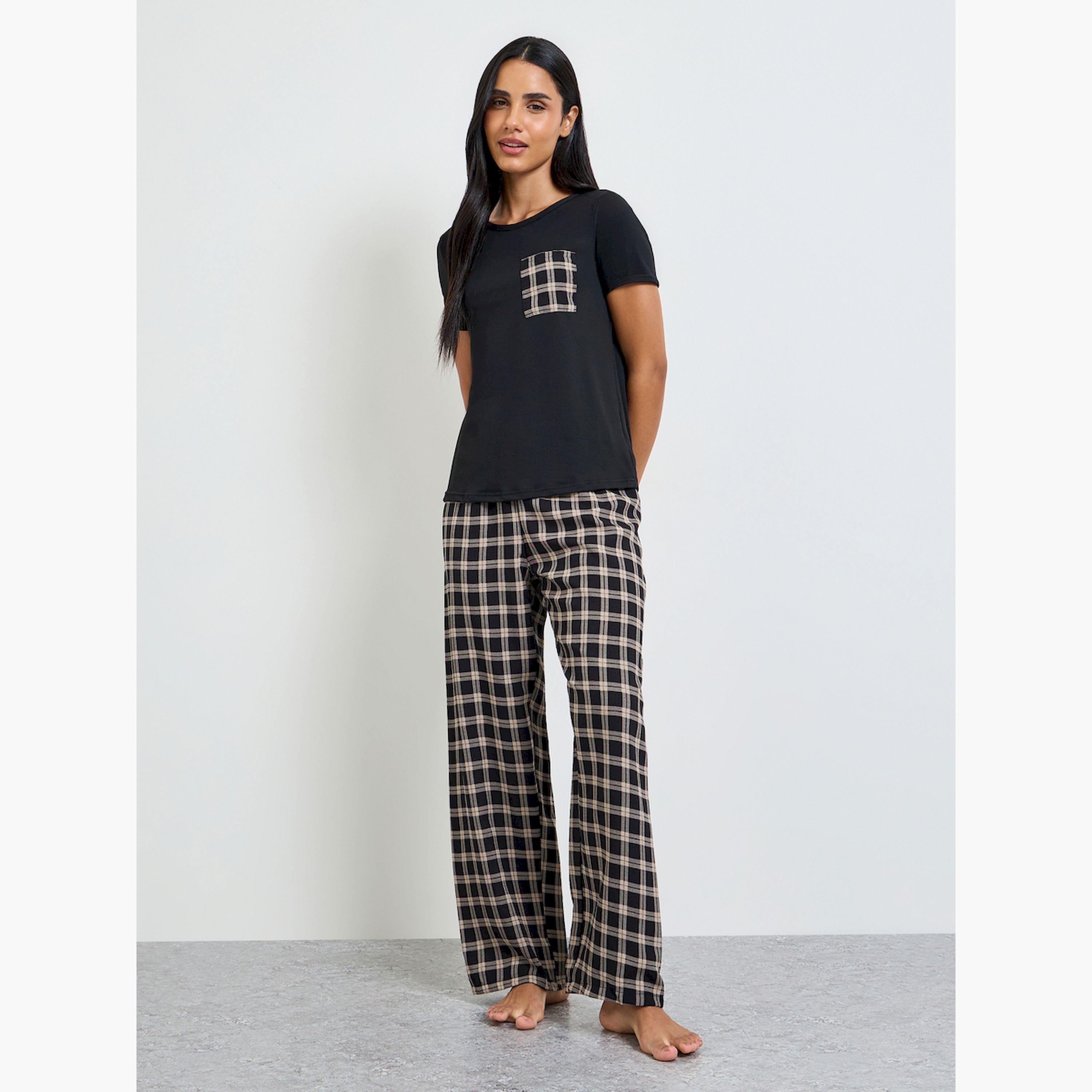 Take Two Black Checked Pocket T-Shirt and Pyjama Set-women-clothing-nightwear-pyjamas-longsets-image-1
