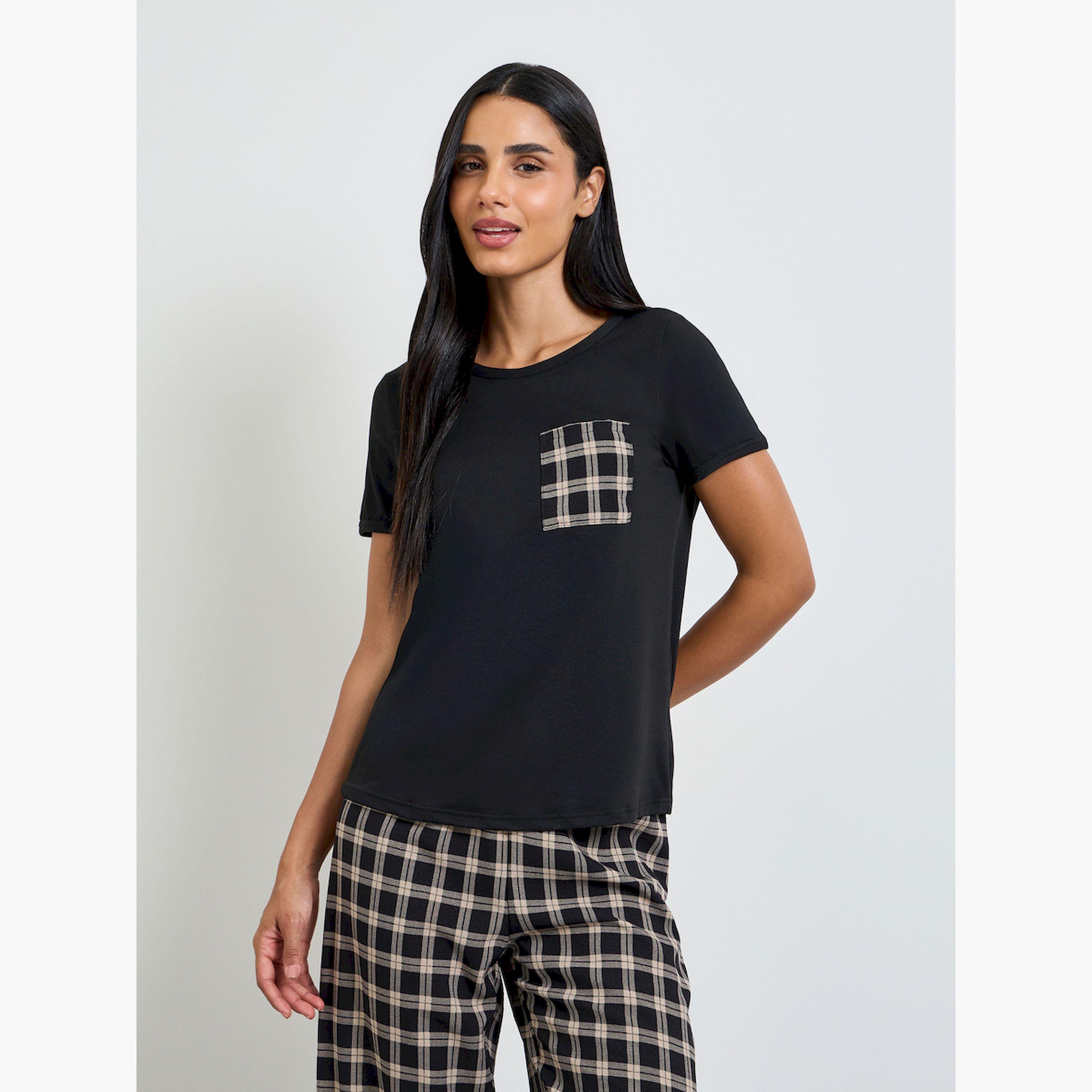 Take Two Black Checked Pocket T-Shirt and Pyjama Set-women-clothing-nightwear-pyjamas-longsets-image-2