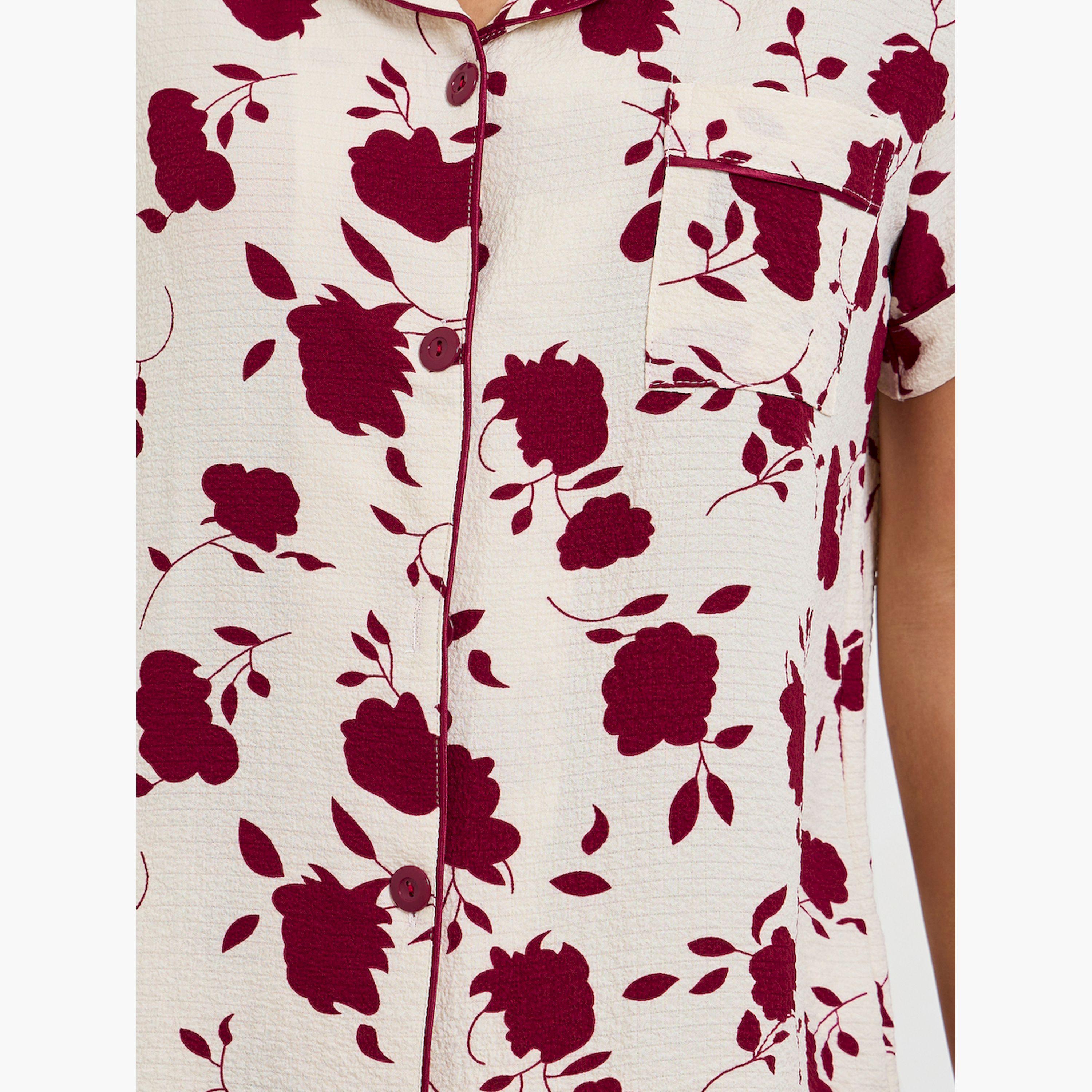 مجموعة من شورت وقميص بأزرار وطبعة زهور-women-clothing-nightwear-pyjamas-shortsets-image-5