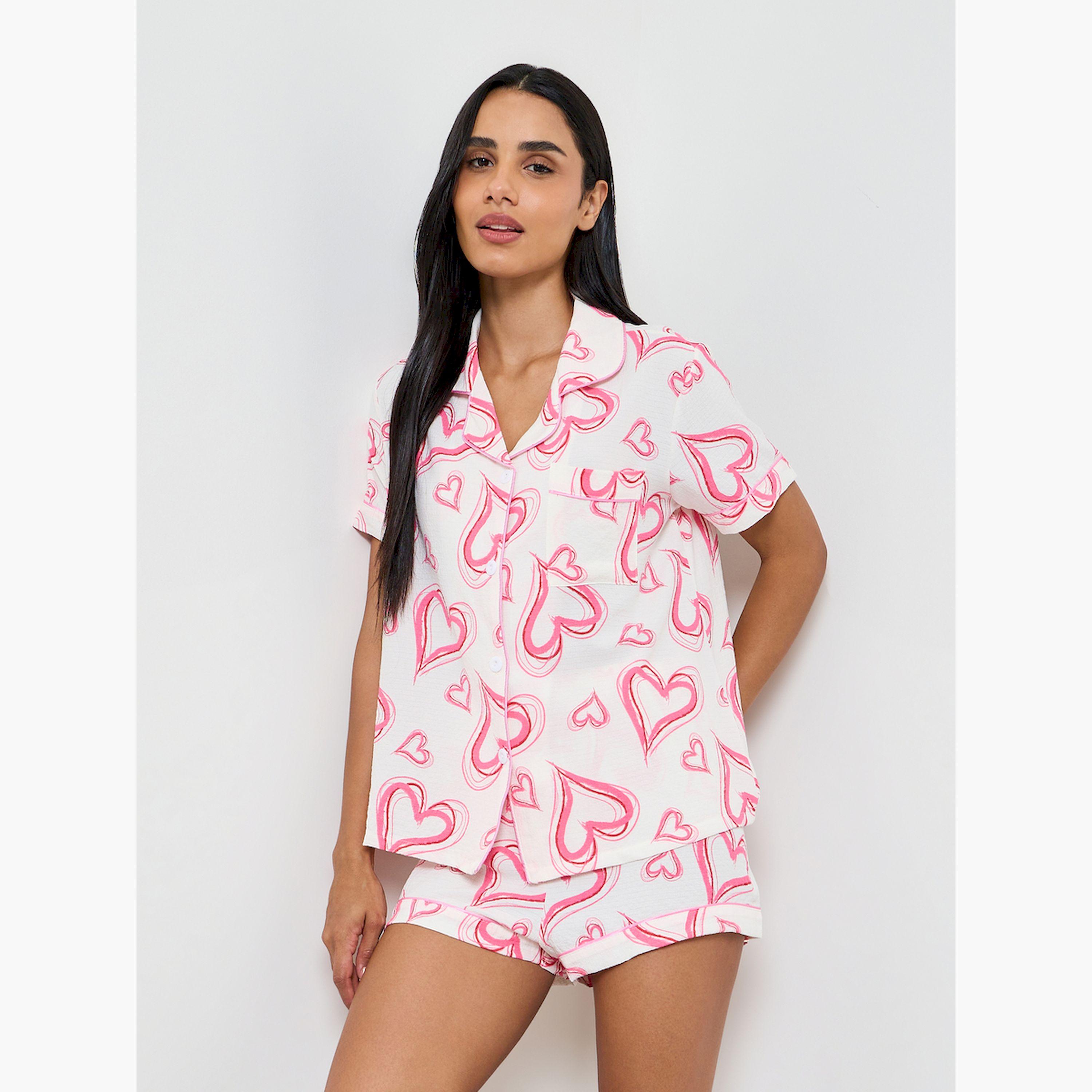 Take Two White Heart Print Buttoned Shirt and Shorts Set-women-clothing-nightwear-pyjamas-shortsets-image-1