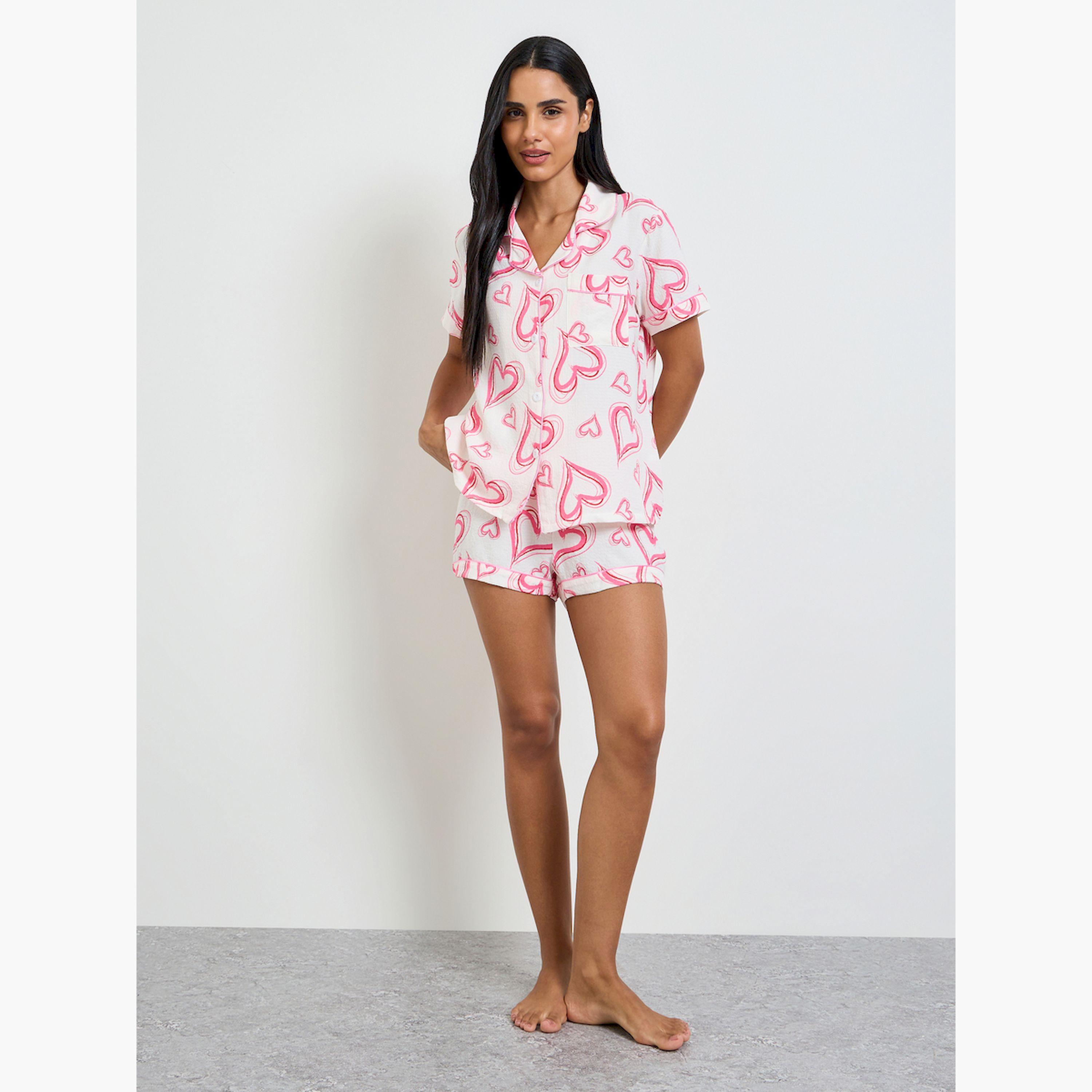 Take Two White Heart Print Buttoned Shirt and Shorts Set-women-clothing-nightwear-pyjamas-shortsets-image-2