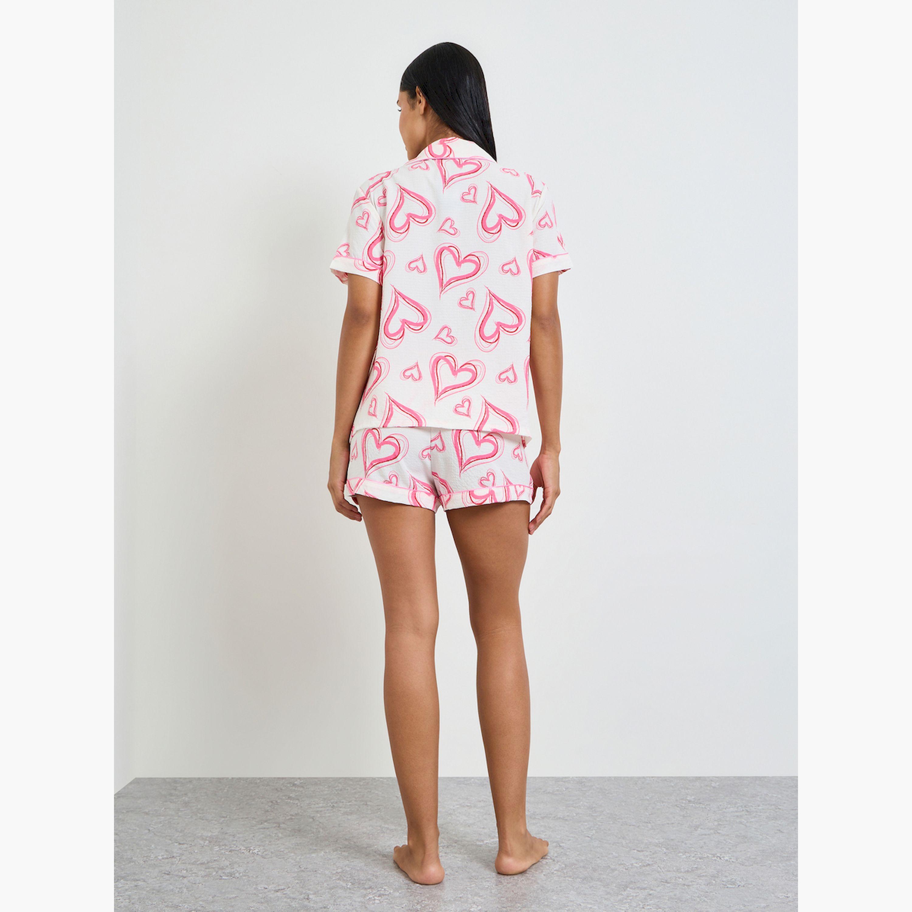 Take Two White Heart Print Buttoned Shirt and Shorts Set-women-clothing-nightwear-pyjamas-shortsets-image-3