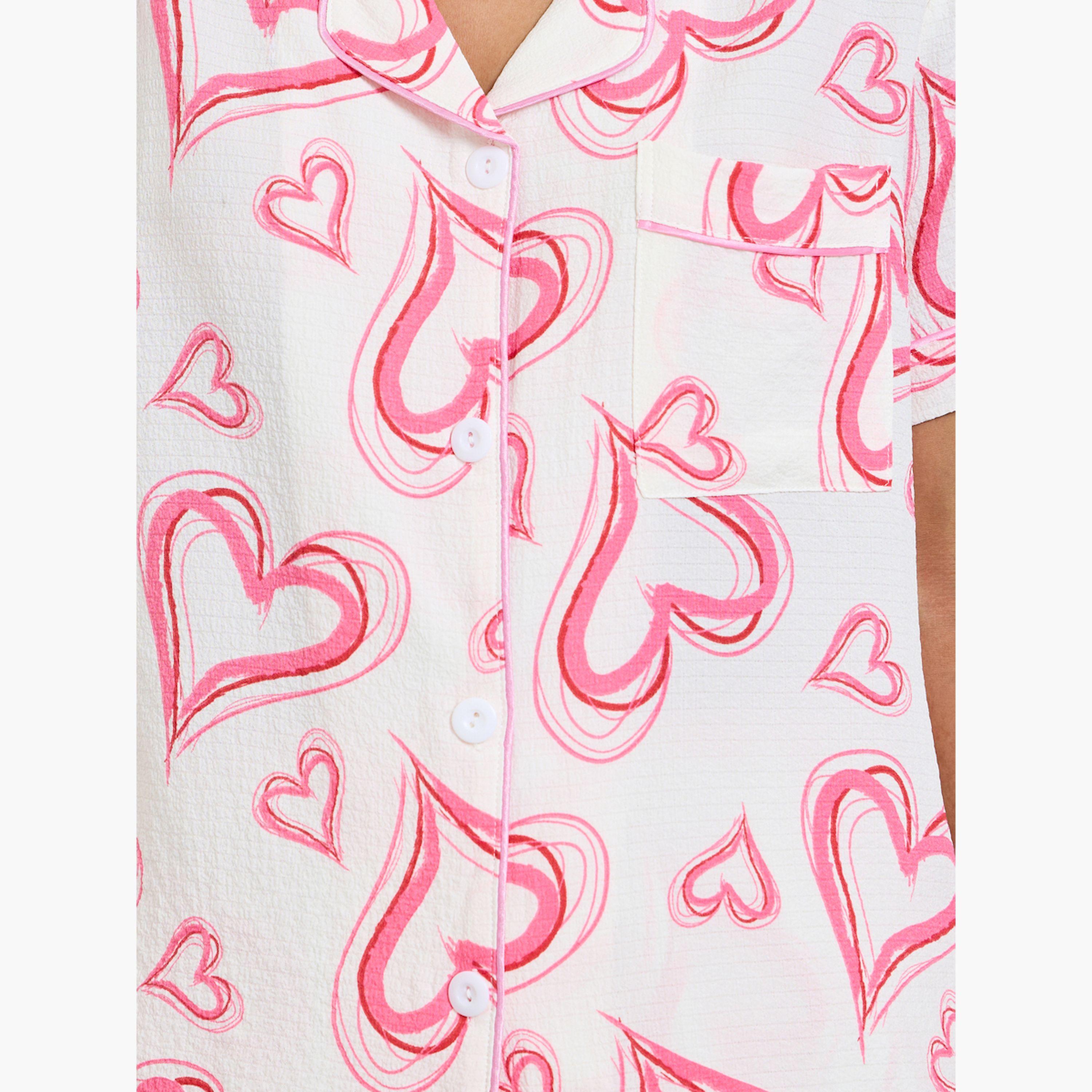 Take Two White Heart Print Buttoned Shirt and Shorts Set-women-clothing-nightwear-pyjamas-shortsets-image-5