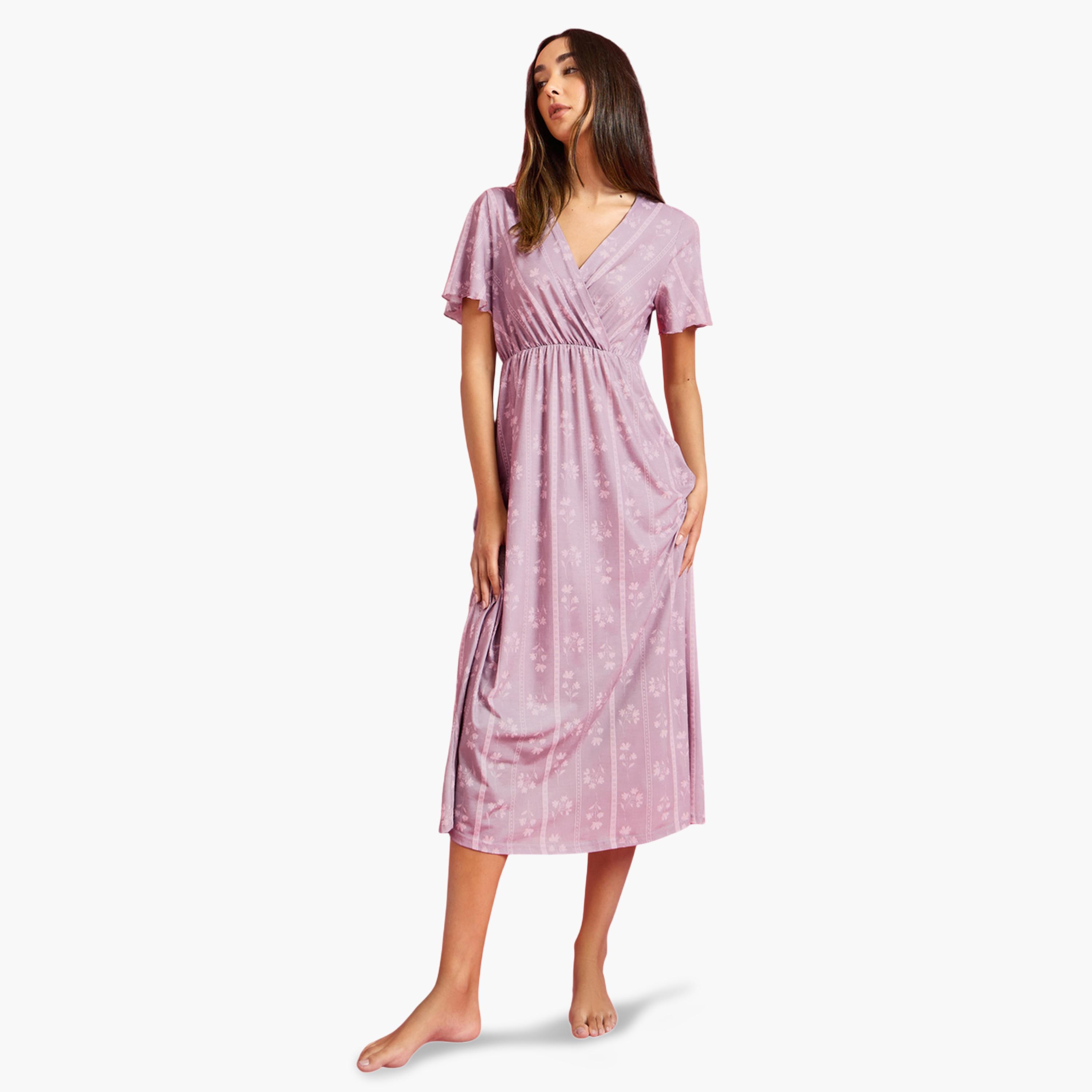 ستايلي - قميص نوم وردي اللون بنقشة منقطة وزهرية ملفوف-women-clothing-nightwear-nighties-image-2