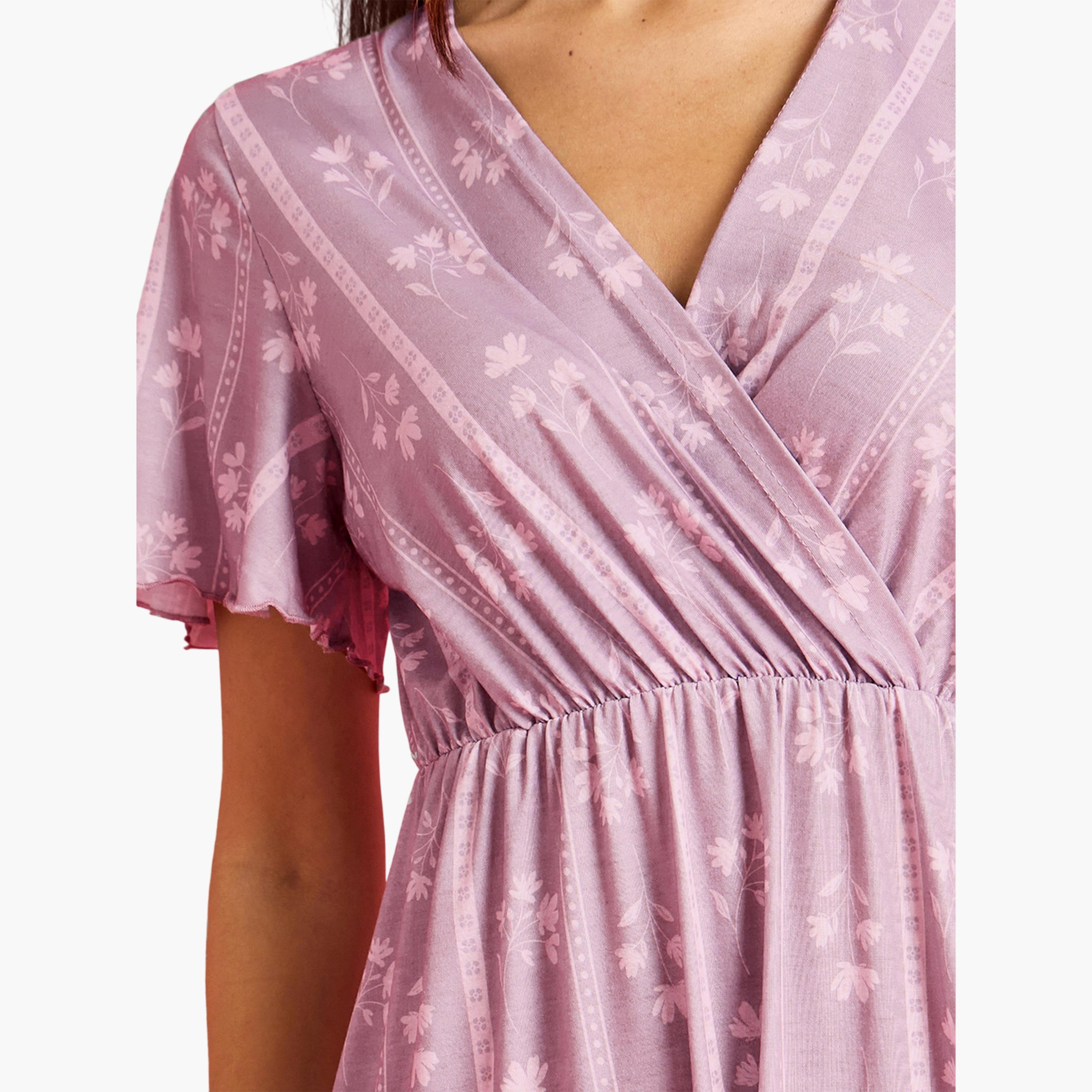 ستايلي - قميص نوم وردي اللون بنقشة منقطة وزهرية ملفوف-women-clothing-nightwear-nighties-image-5