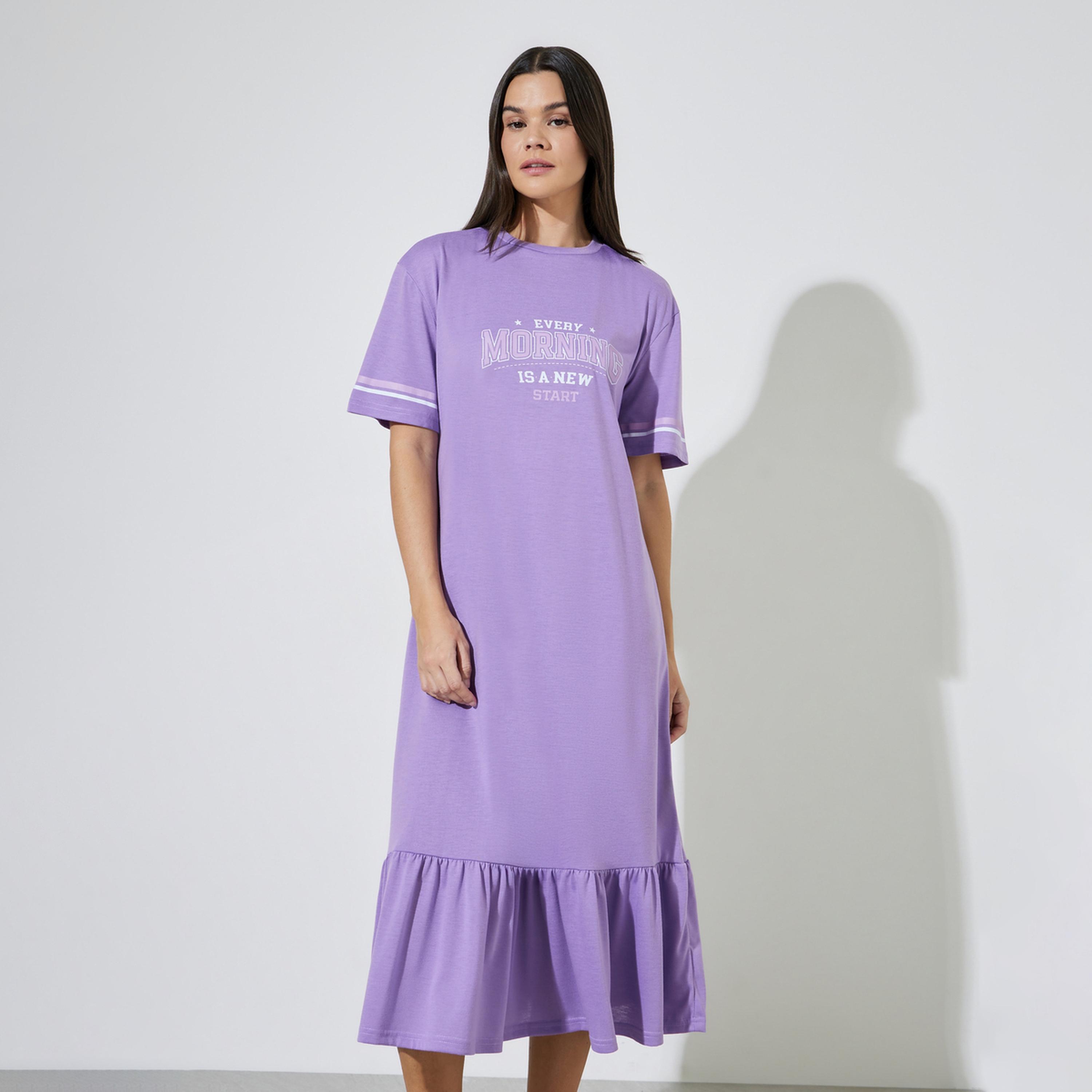 Styli Lilac Slogan Sporty Stripe Sleeve Wide Ruffle Hem Sleep T-Shirt-women-clothing-nightwear-nighties-image-1