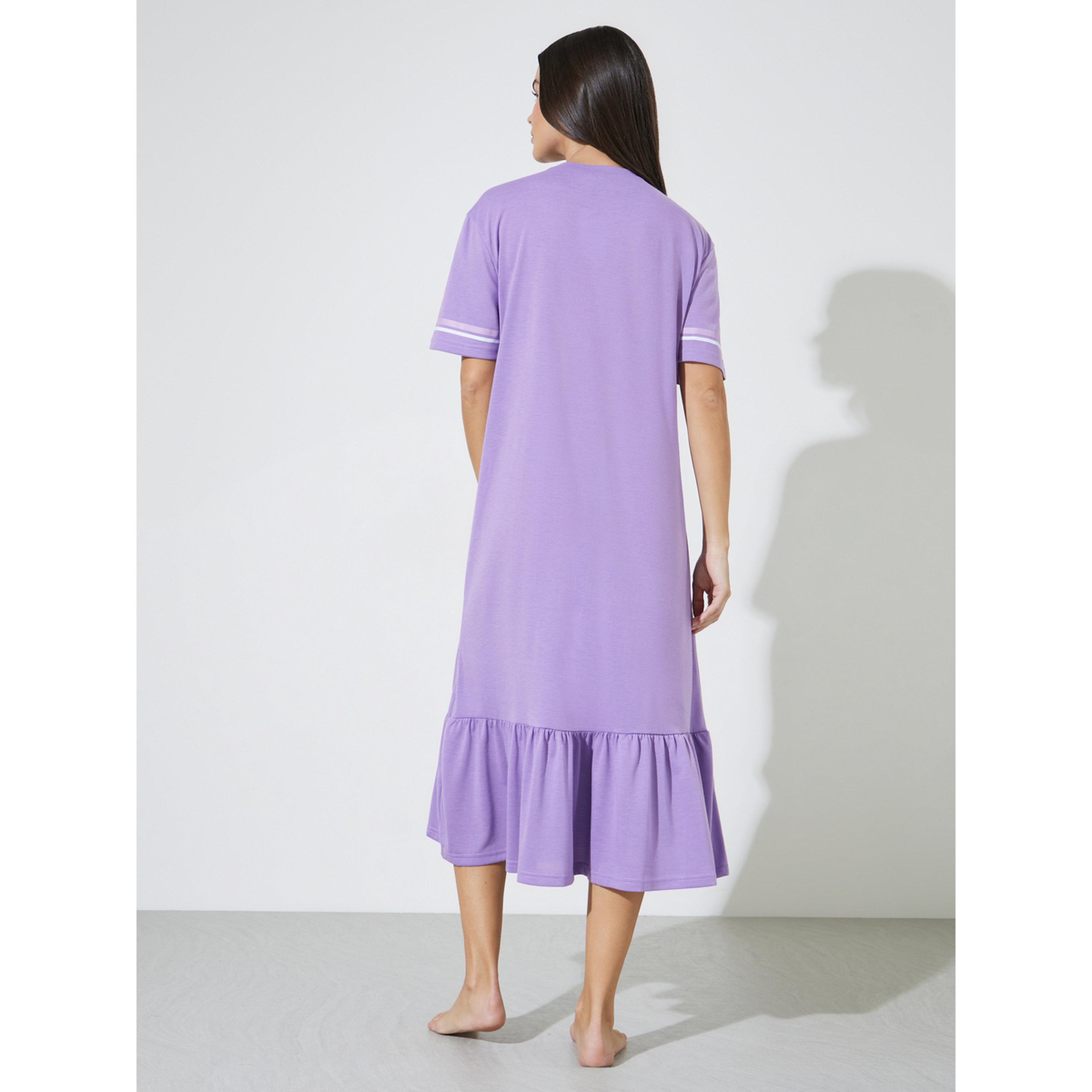 Styli Lilac Slogan Sporty Stripe Sleeve Wide Ruffle Hem Sleep T-Shirt-women-clothing-nightwear-nighties-image-3