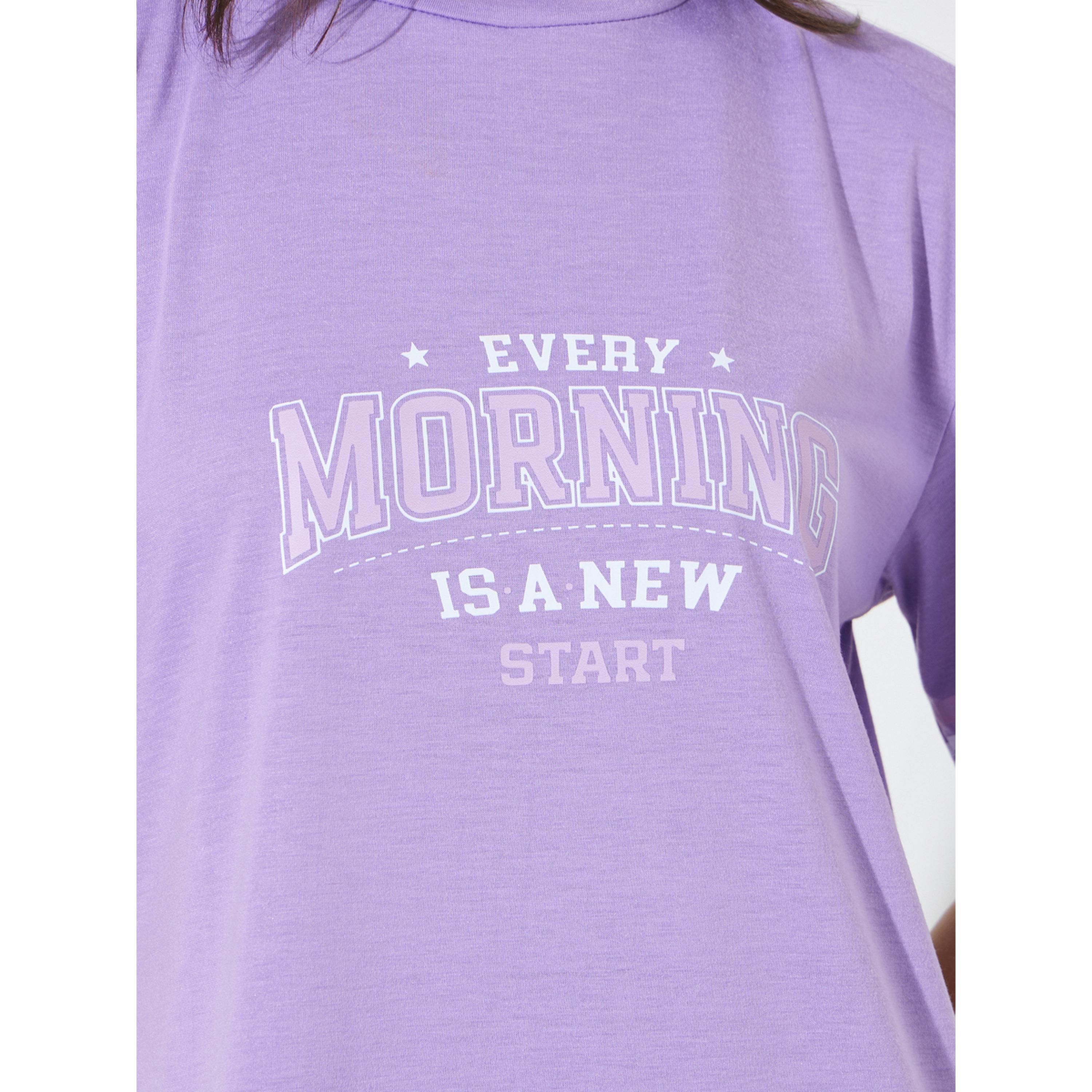Styli Lilac Slogan Sporty Stripe Sleeve Wide Ruffle Hem Sleep T-Shirt-women-clothing-nightwear-nighties-image-4