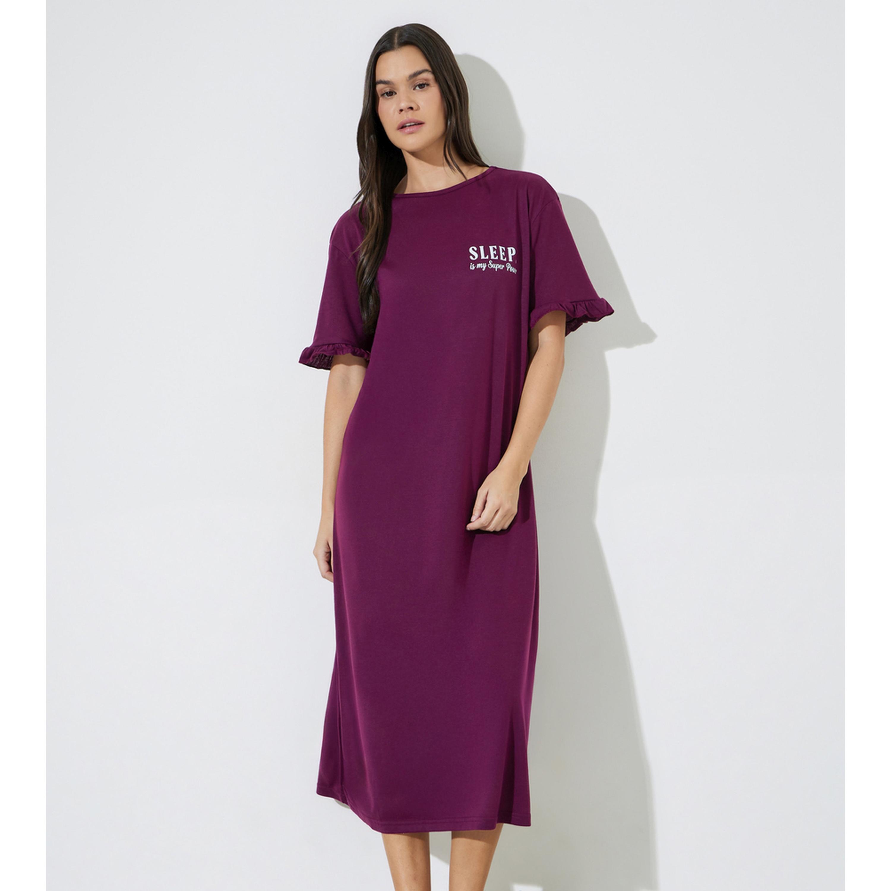 Styli Burgundy Pocket Placement Slogan Ruffle Sleeve Sleep T-Shirt-women-clothing-nightwear-nighties-image-1