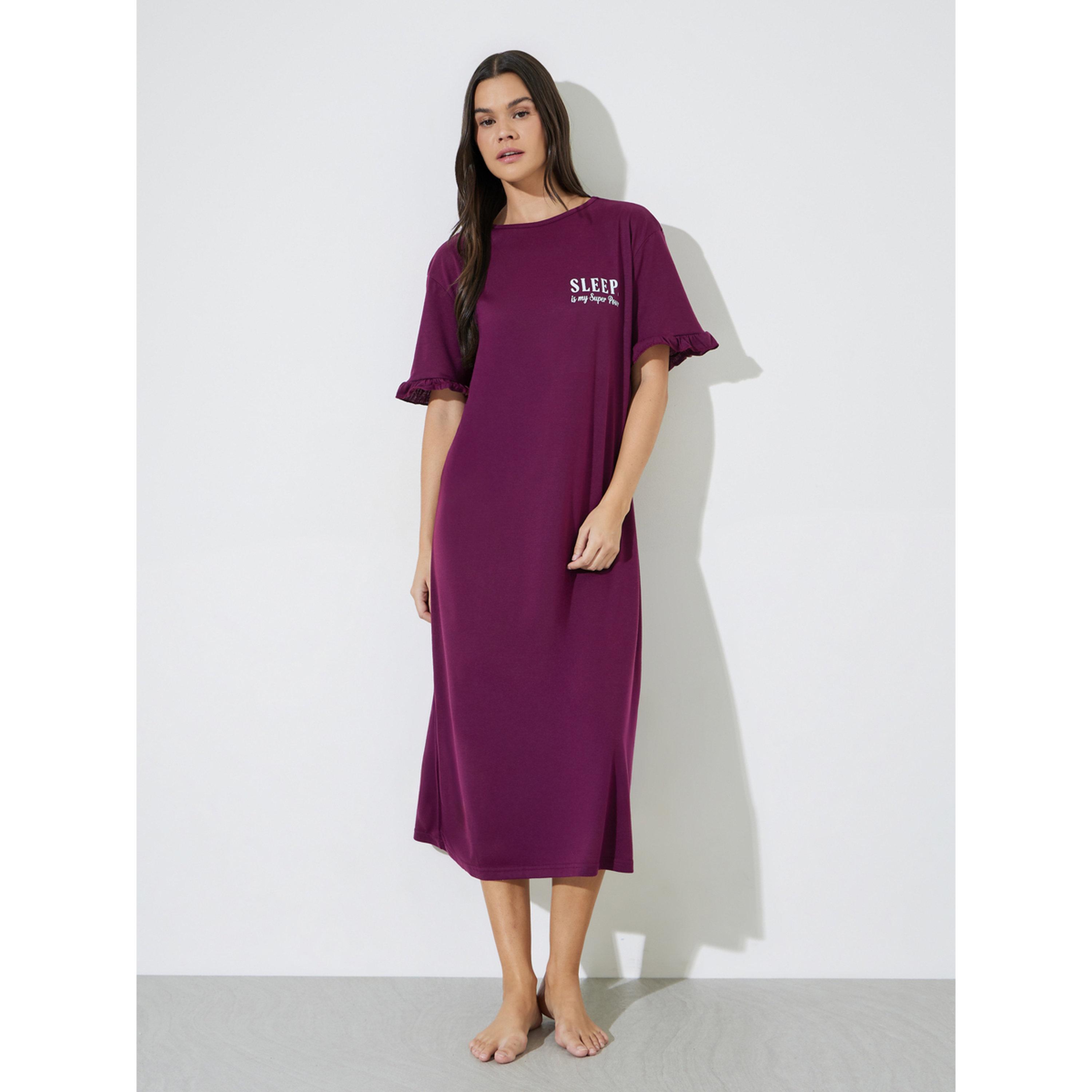 Styli Burgundy Pocket Placement Slogan Ruffle Sleeve Sleep T-Shirt-women-clothing-nightwear-nighties-image-2
