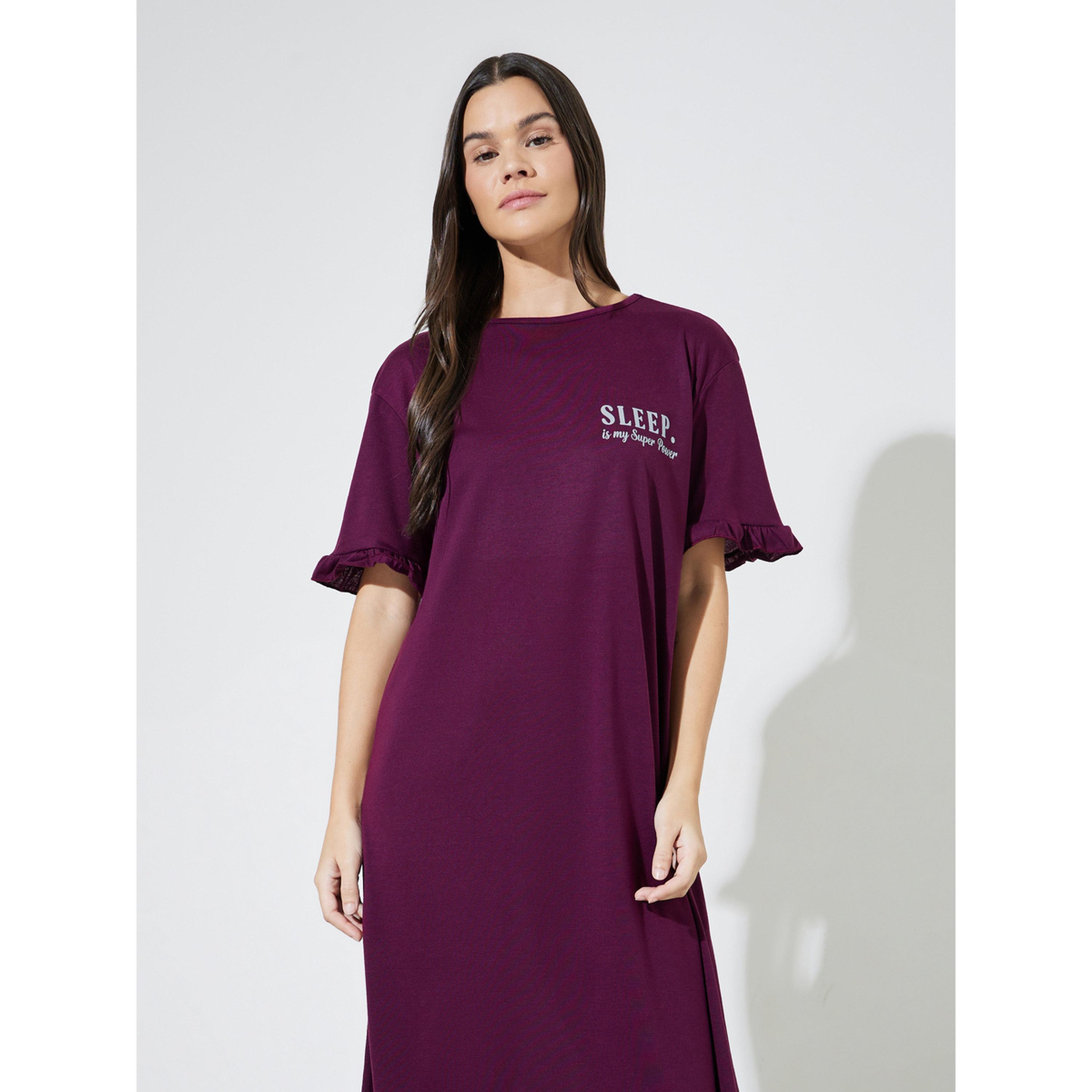 Styli Burgundy Pocket Placement Slogan Ruffle Sleeve Sleep T-Shirt-women-clothing-nightwear-nighties-image-3
