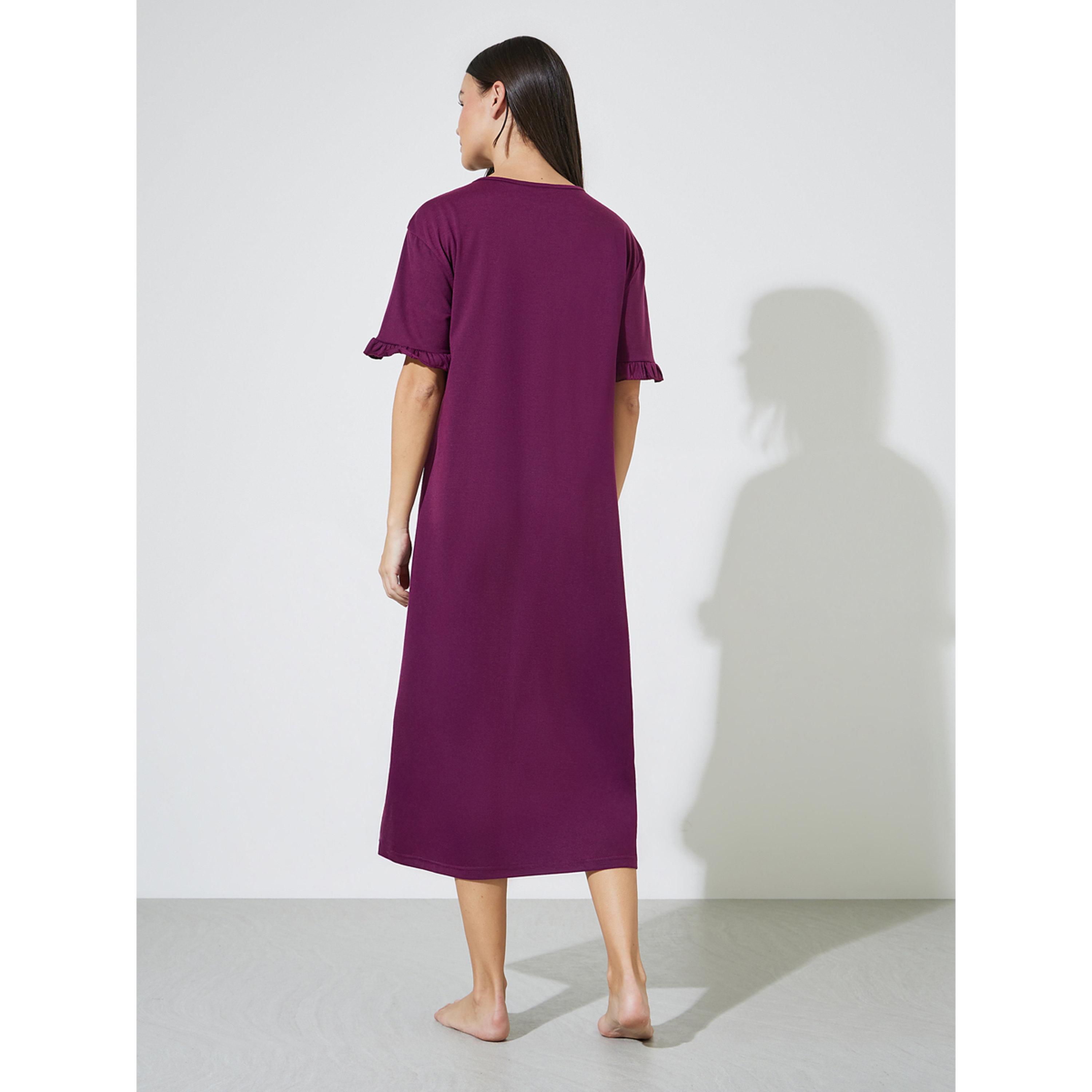 Styli Burgundy Pocket Placement Slogan Ruffle Sleeve Sleep T-Shirt-women-clothing-nightwear-nighties-image-4