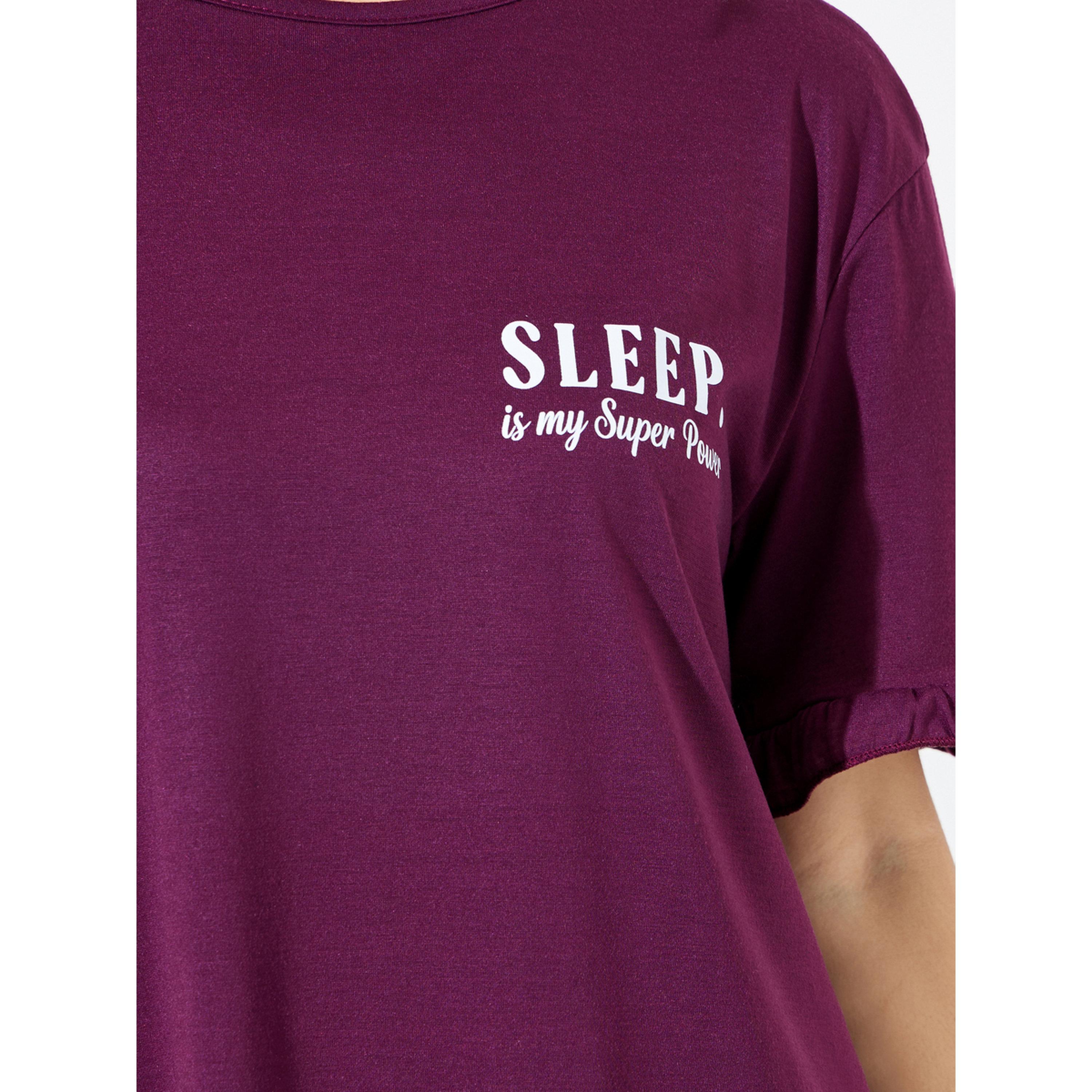 Styli Burgundy Pocket Placement Slogan Ruffle Sleeve Sleep T-Shirt-women-clothing-nightwear-nighties-image-5