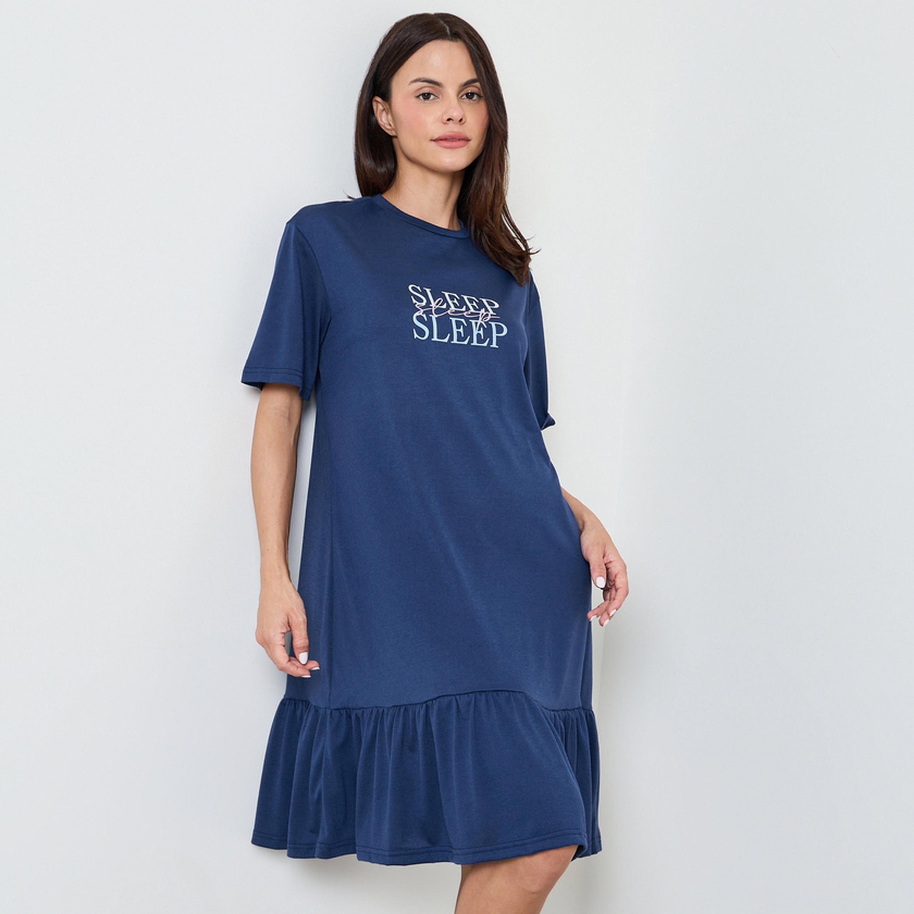 Styli Navy Blue Slogan Wide Ruffle Hem Sleep T-Shirt Dress-women-clothing-nightwear-nighties-image-1