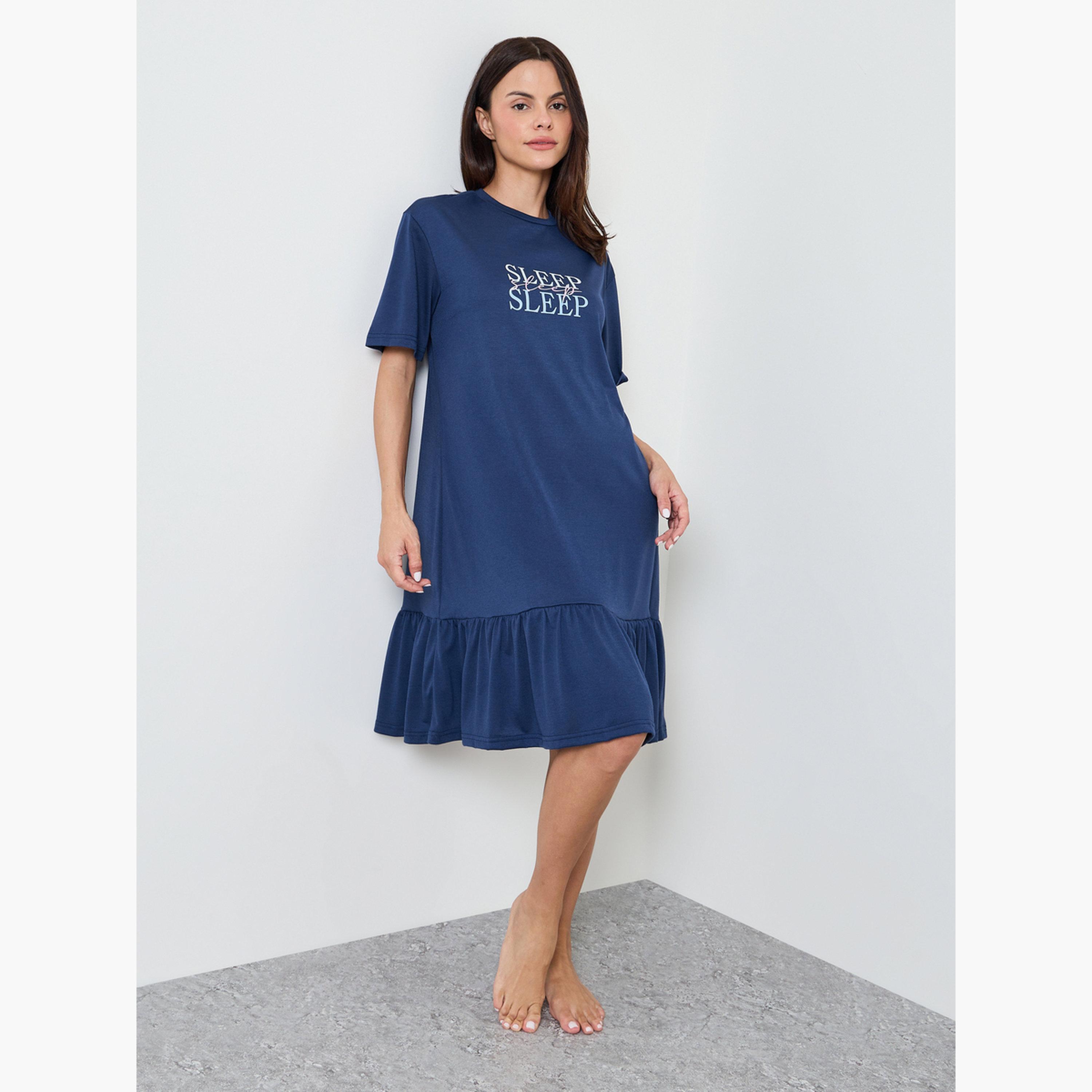 Styli Navy Blue Slogan Wide Ruffle Hem Sleep T-Shirt Dress-women-clothing-nightwear-nighties-image-2