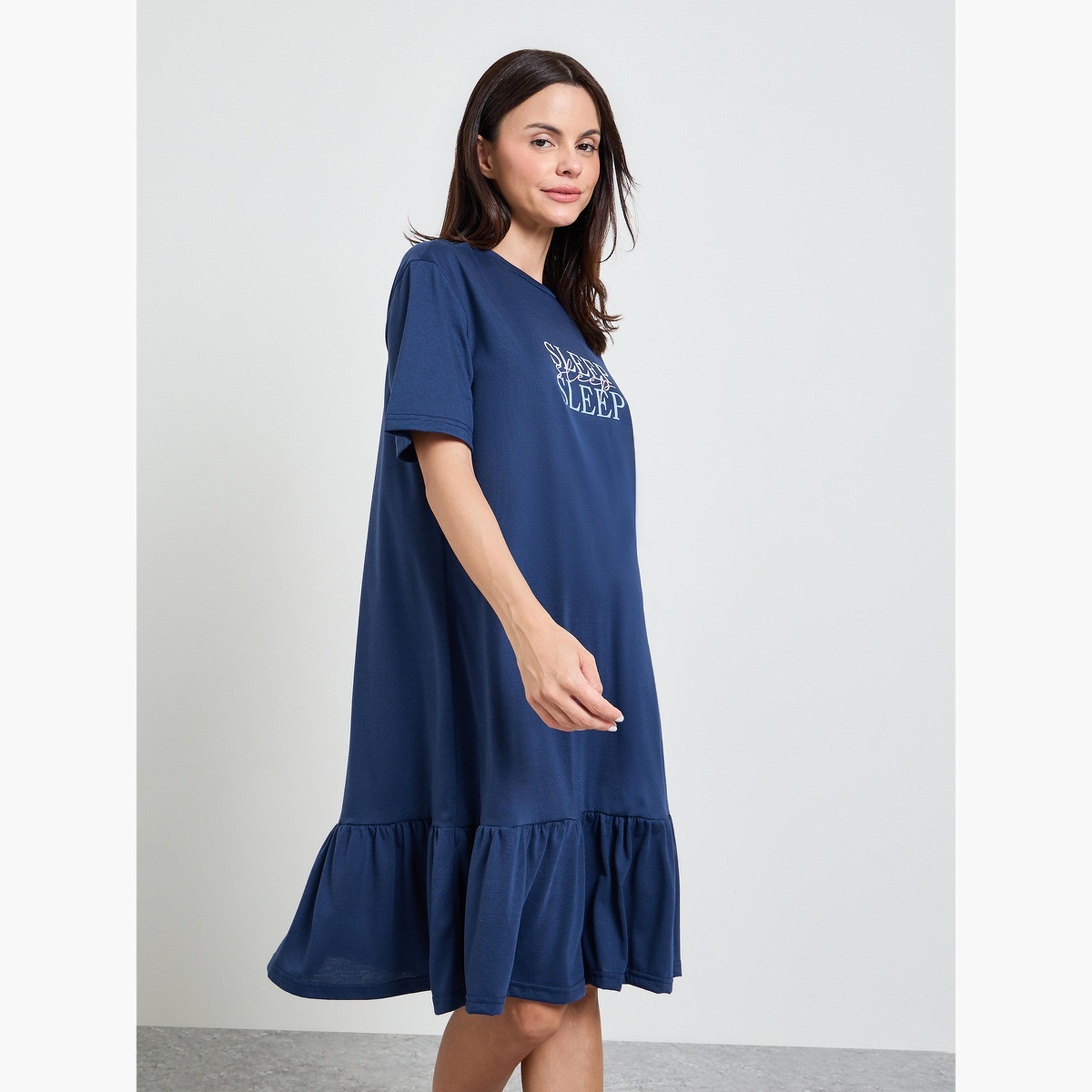 Styli Navy Blue Slogan Wide Ruffle Hem Sleep T-Shirt Dress-women-clothing-nightwear-nighties-image-3