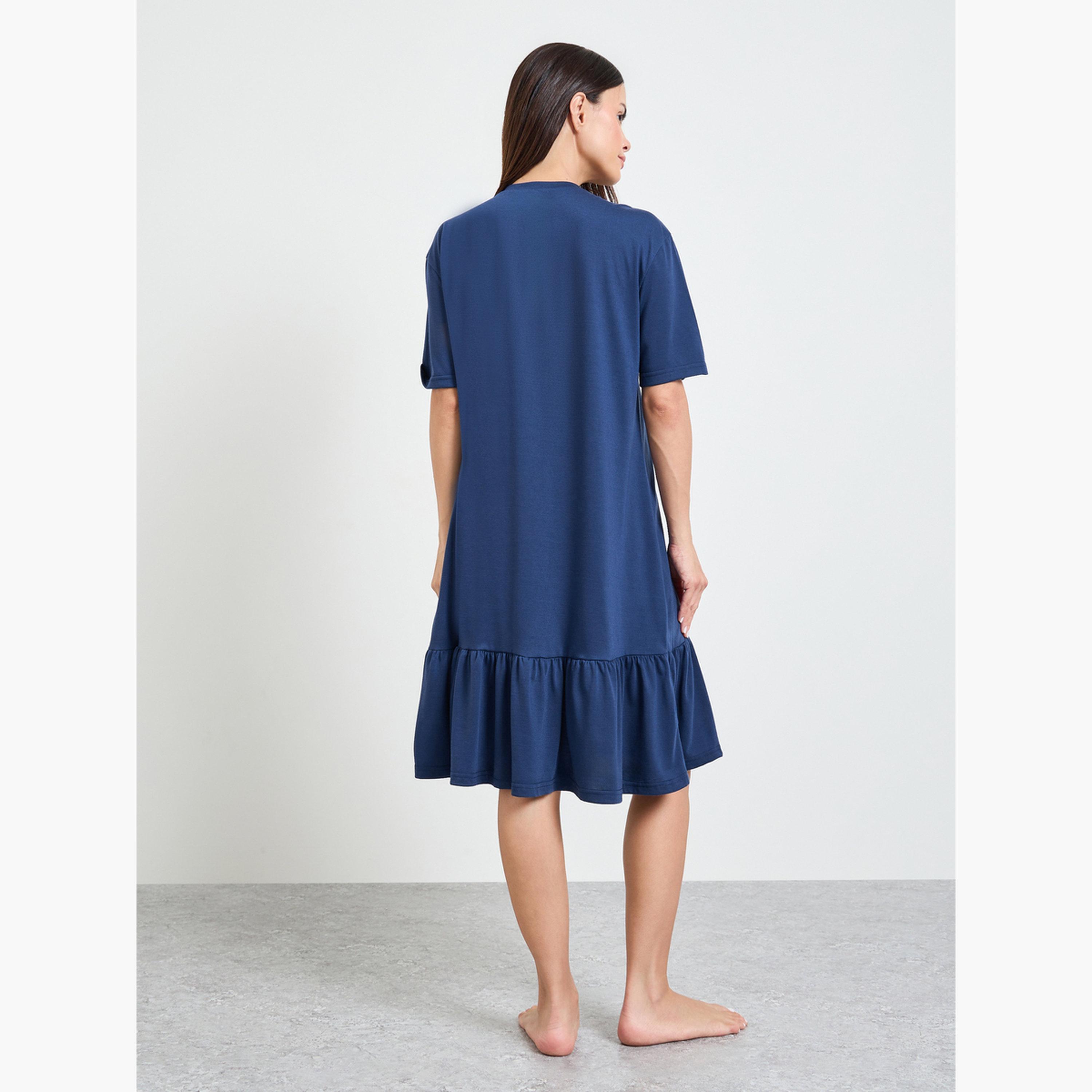 Styli Navy Blue Slogan Wide Ruffle Hem Sleep T-Shirt Dress-women-clothing-nightwear-nighties-image-4