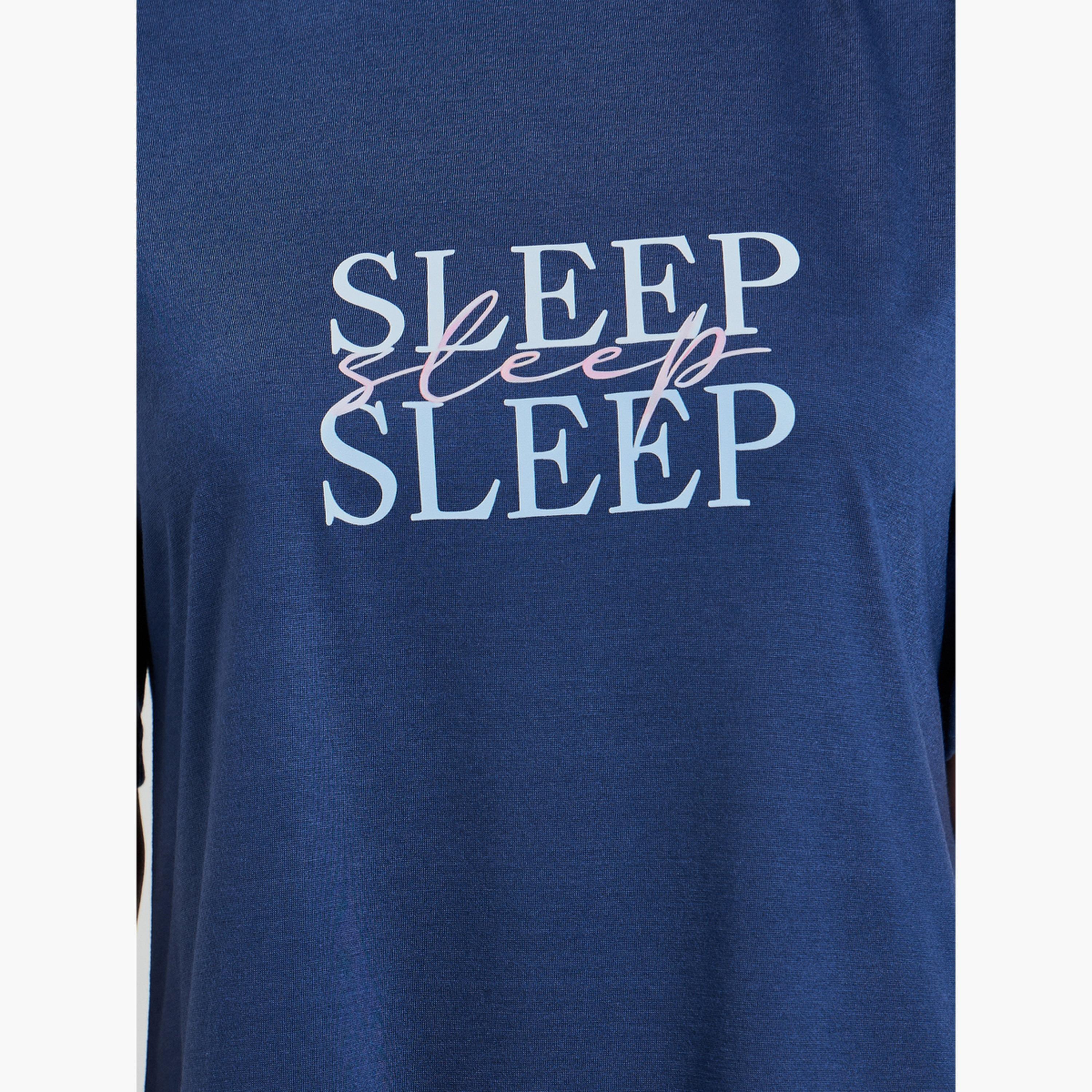 Styli Navy Blue Slogan Wide Ruffle Hem Sleep T-Shirt Dress-women-clothing-nightwear-nighties-image-5
