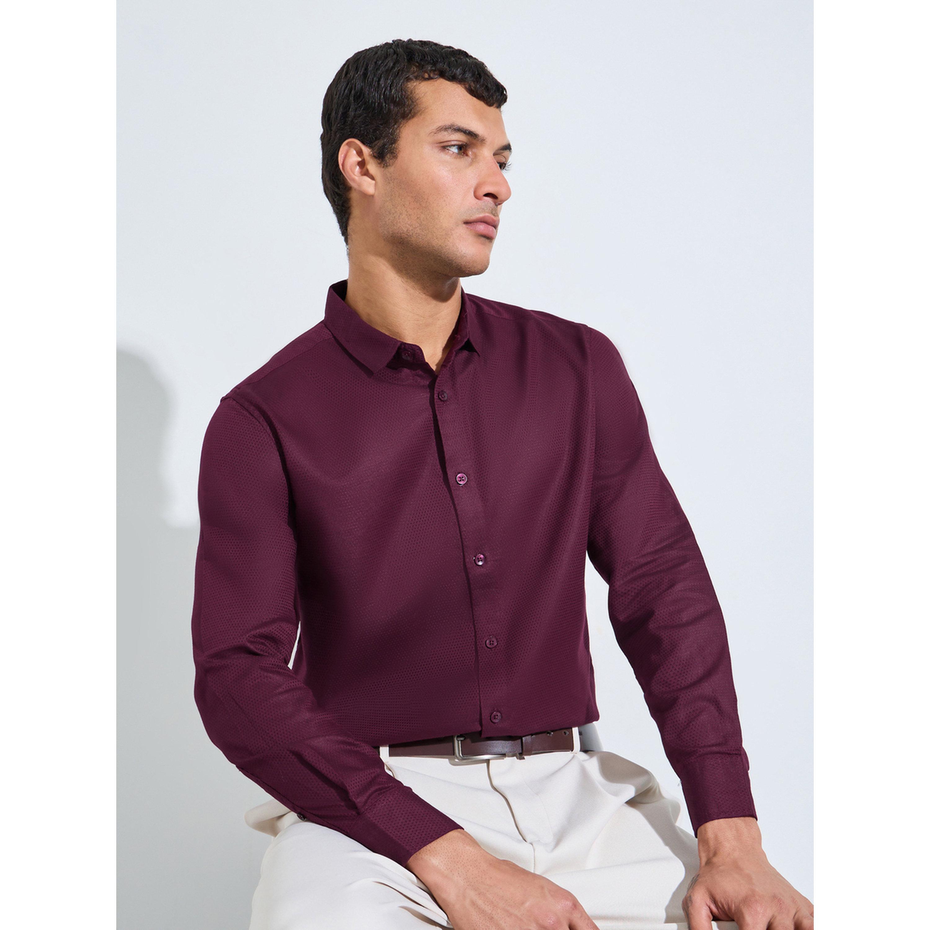Styli Maroon Solid Textured Regular Fit Shirt-men-clothing-shirts-image-3