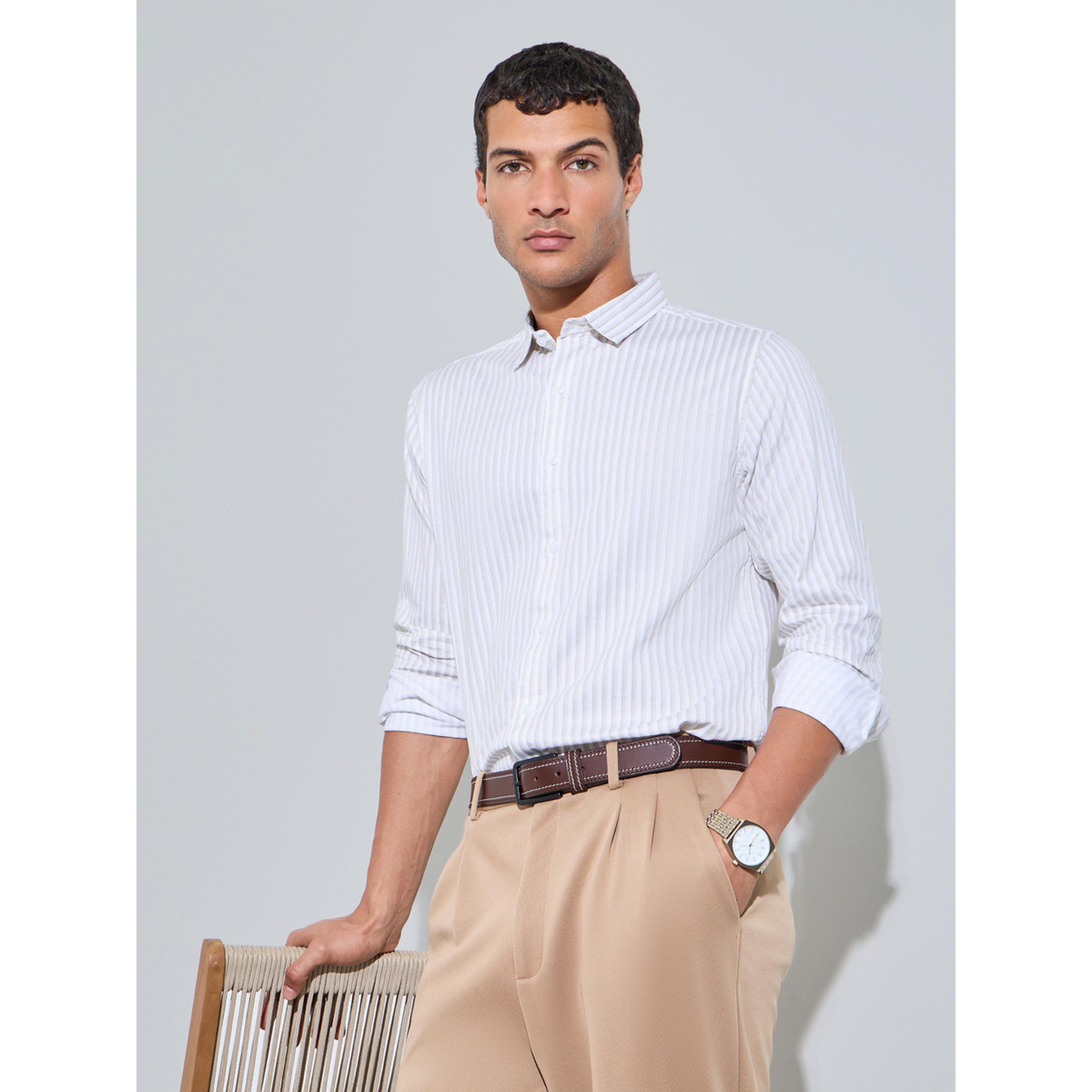 Styli Beige Striped Long Sleeves Regular Fit Shirt-men-clothing-shirts-image-3