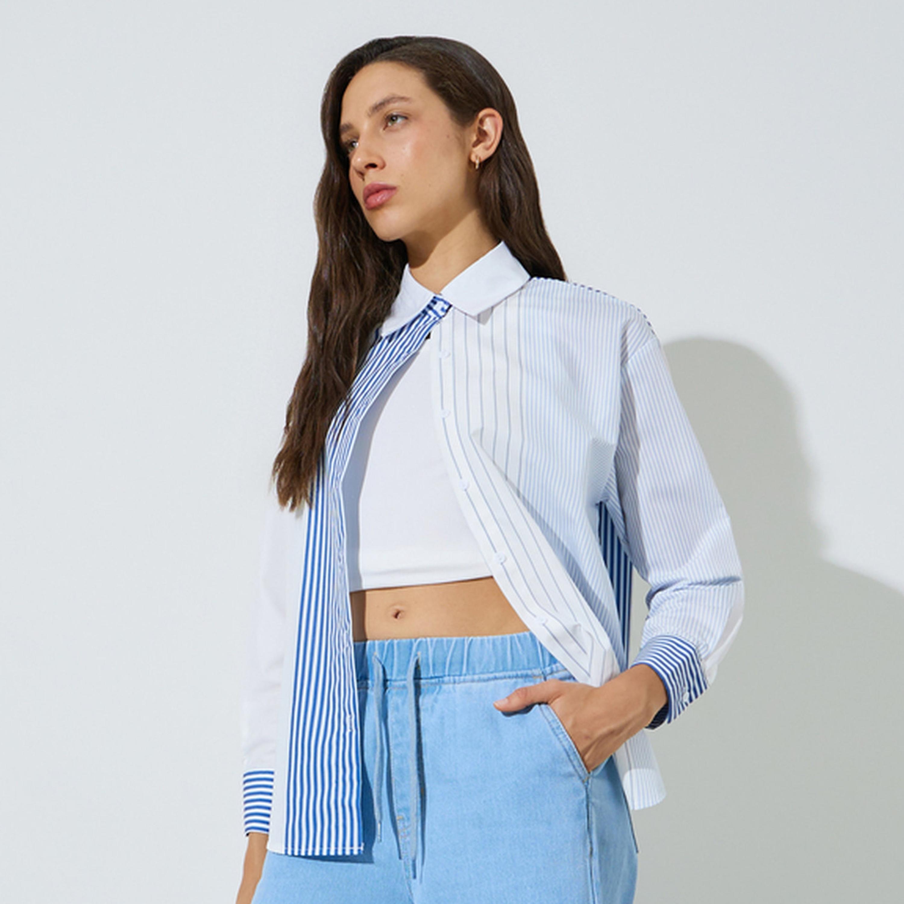 ستايلي - قميص مخطط متعدد الألوان بقصة عادية وأكمام طويلة-women-clothing-shirtsandblouses-shirts-image-1