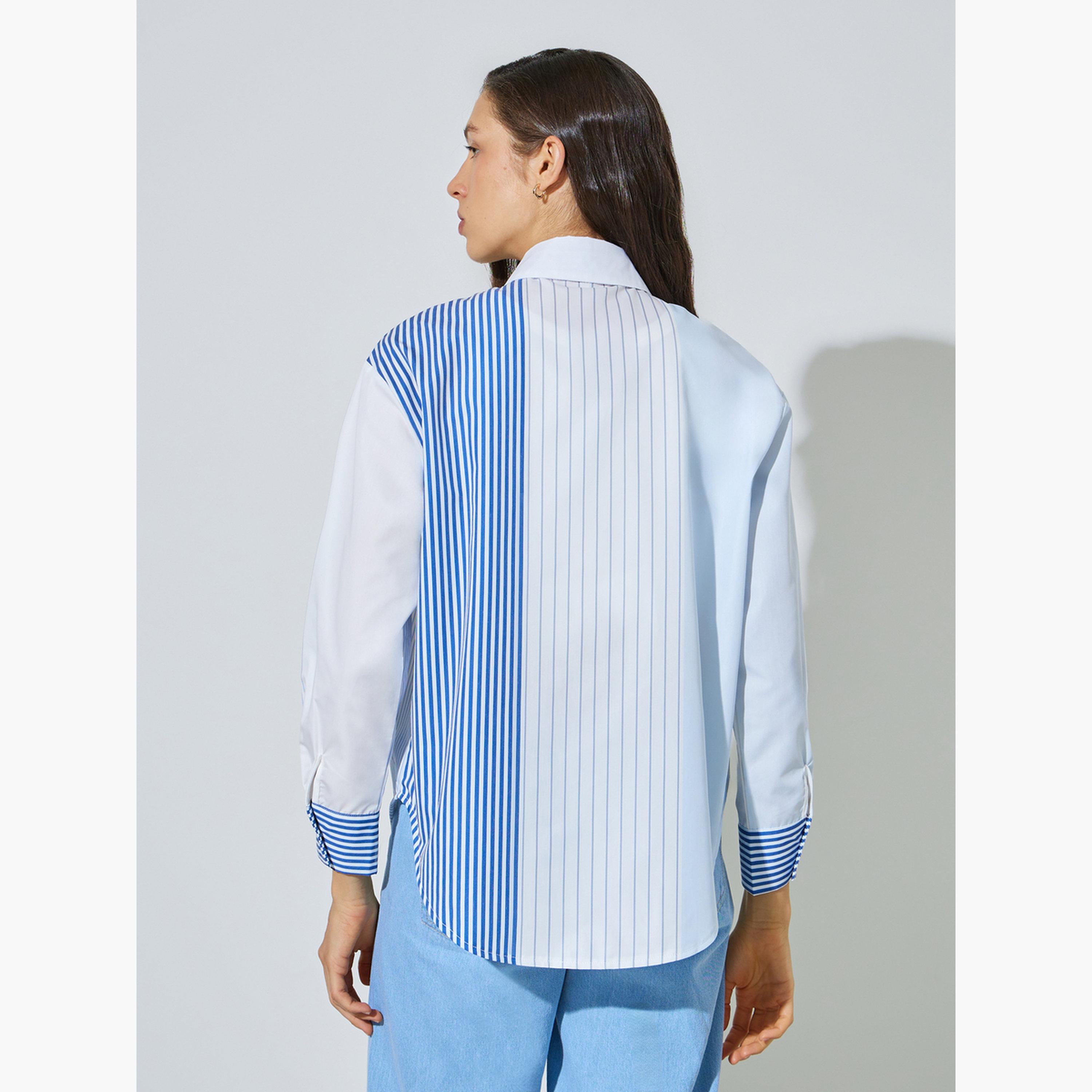 ستايلي - قميص مخطط متعدد الألوان بقصة عادية وأكمام طويلة-women-clothing-shirtsandblouses-shirts-image-4
