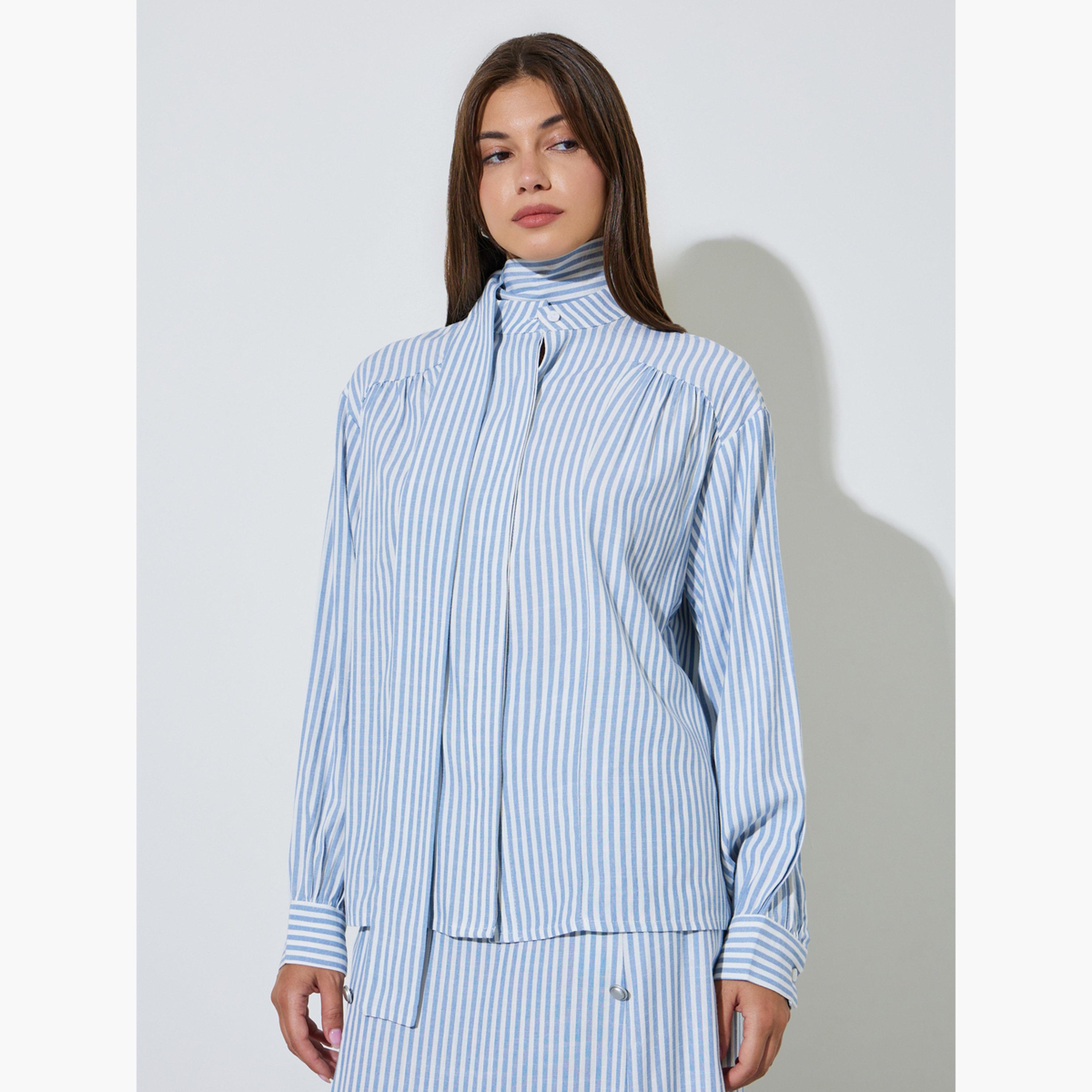 بلوزة طويلة مخططة بتفاصيل وشاح-women-clothing-shirtsandblouses-shirts-image-1
