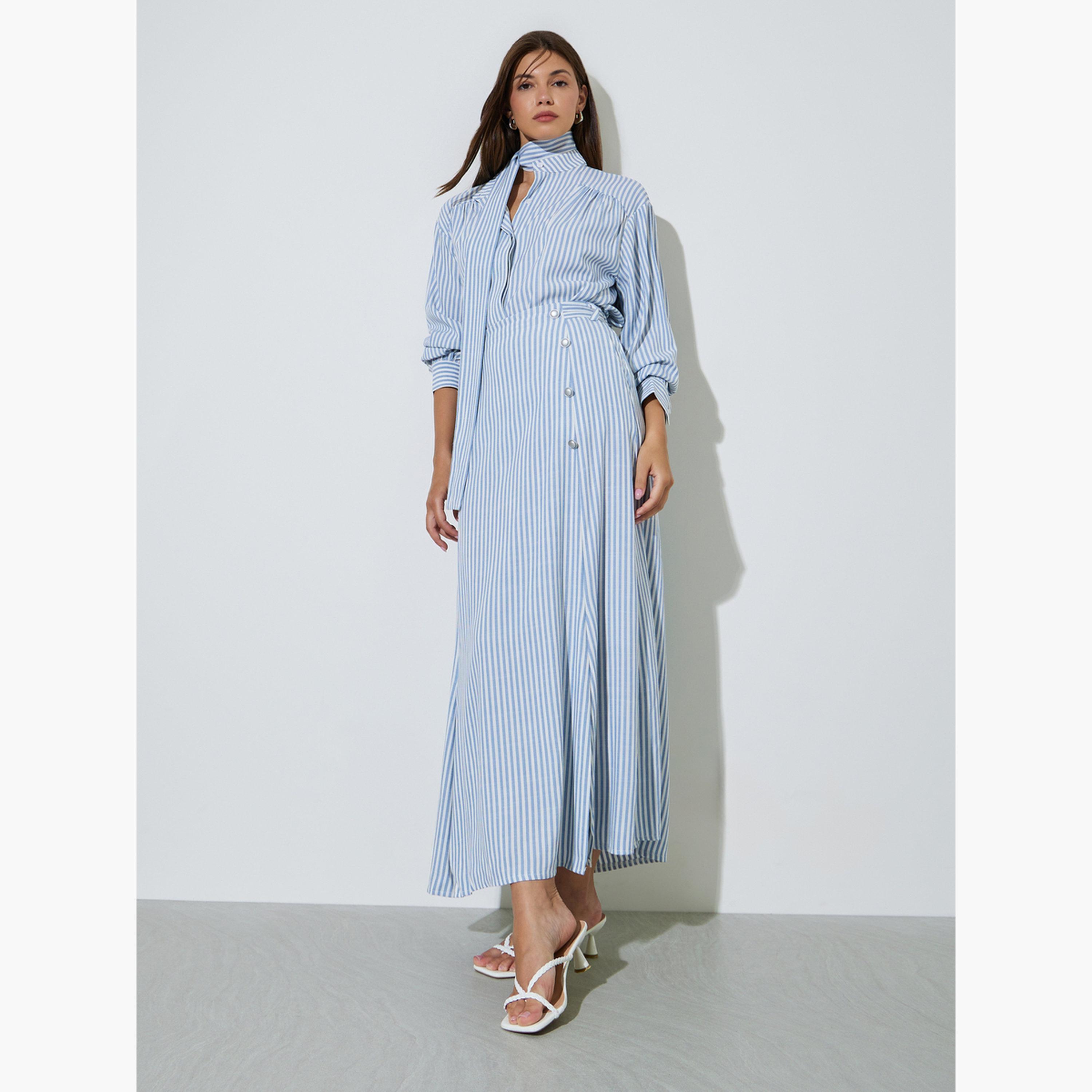 بلوزة طويلة مخططة بتفاصيل وشاح-women-clothing-shirtsandblouses-shirts-image-2