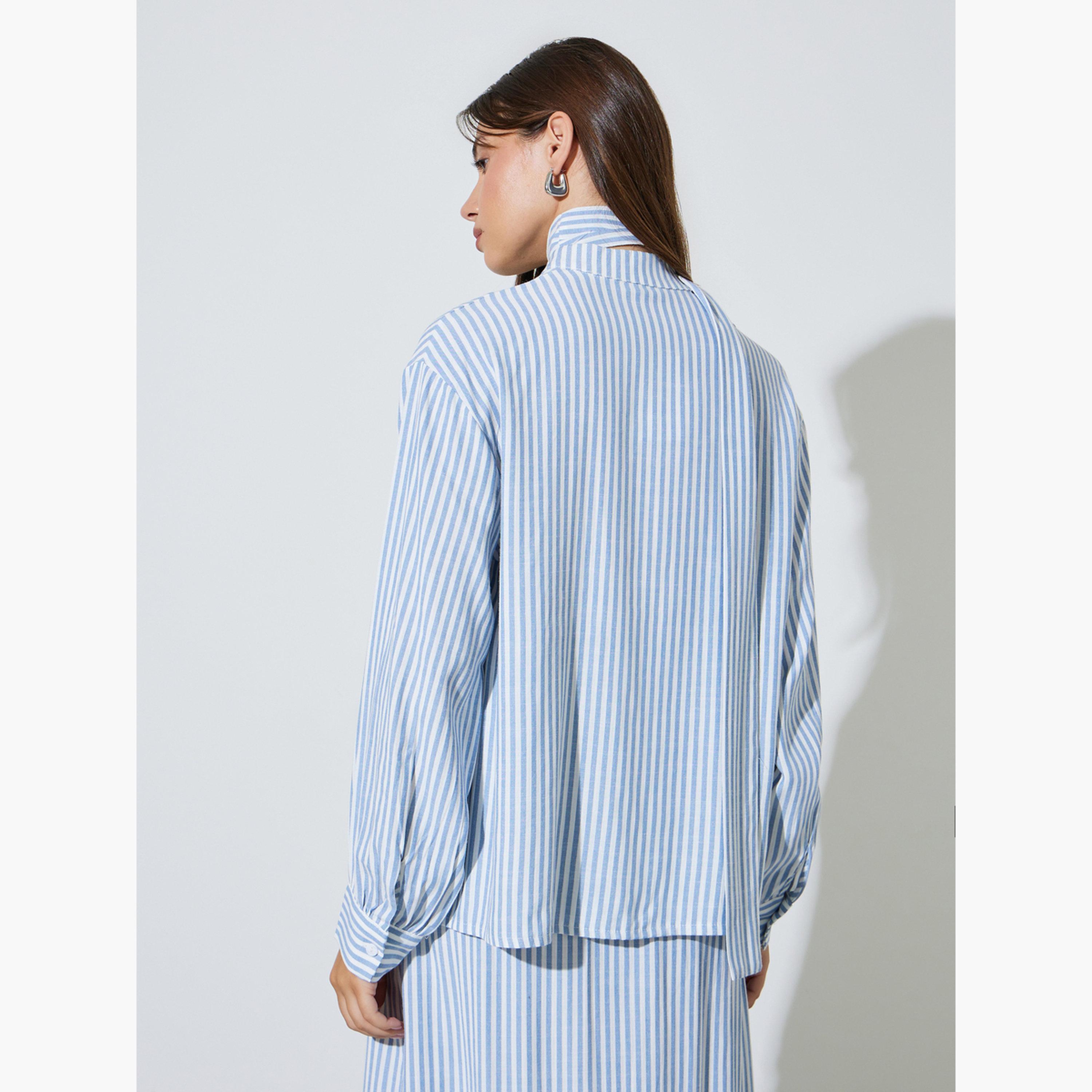بلوزة طويلة مخططة بتفاصيل وشاح-women-clothing-shirtsandblouses-shirts-image-4