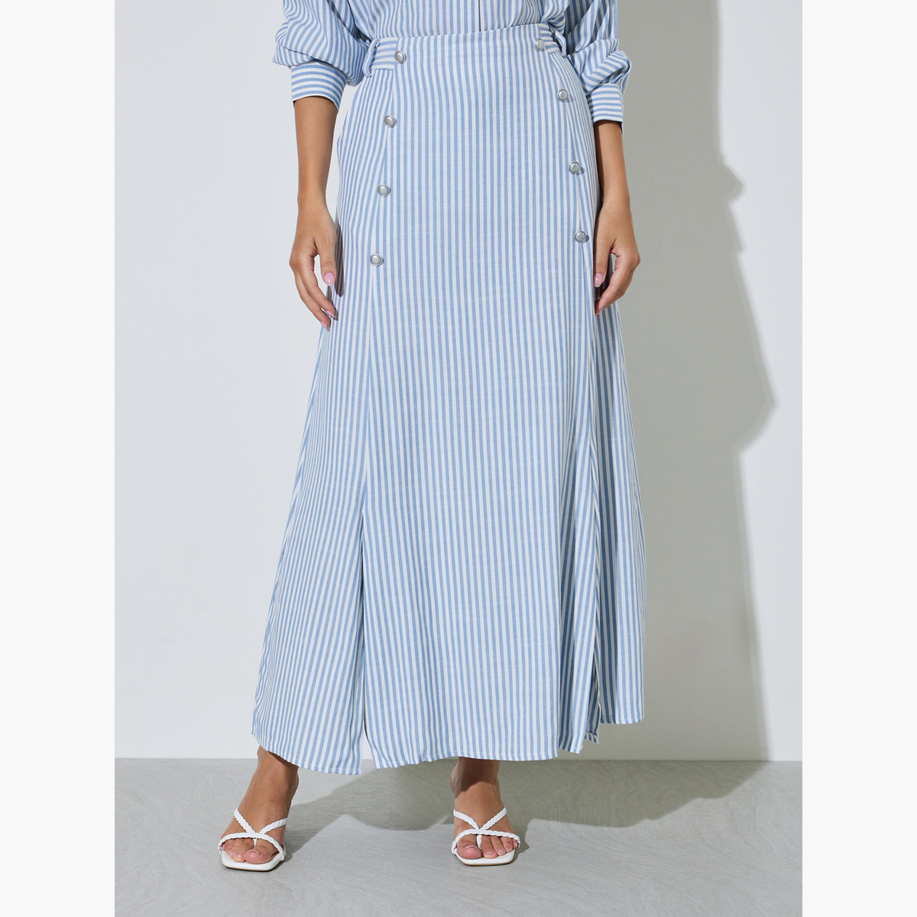 تنورة طويلة مخططة بفتحة أمامية-women-clothing-skirts-image-1