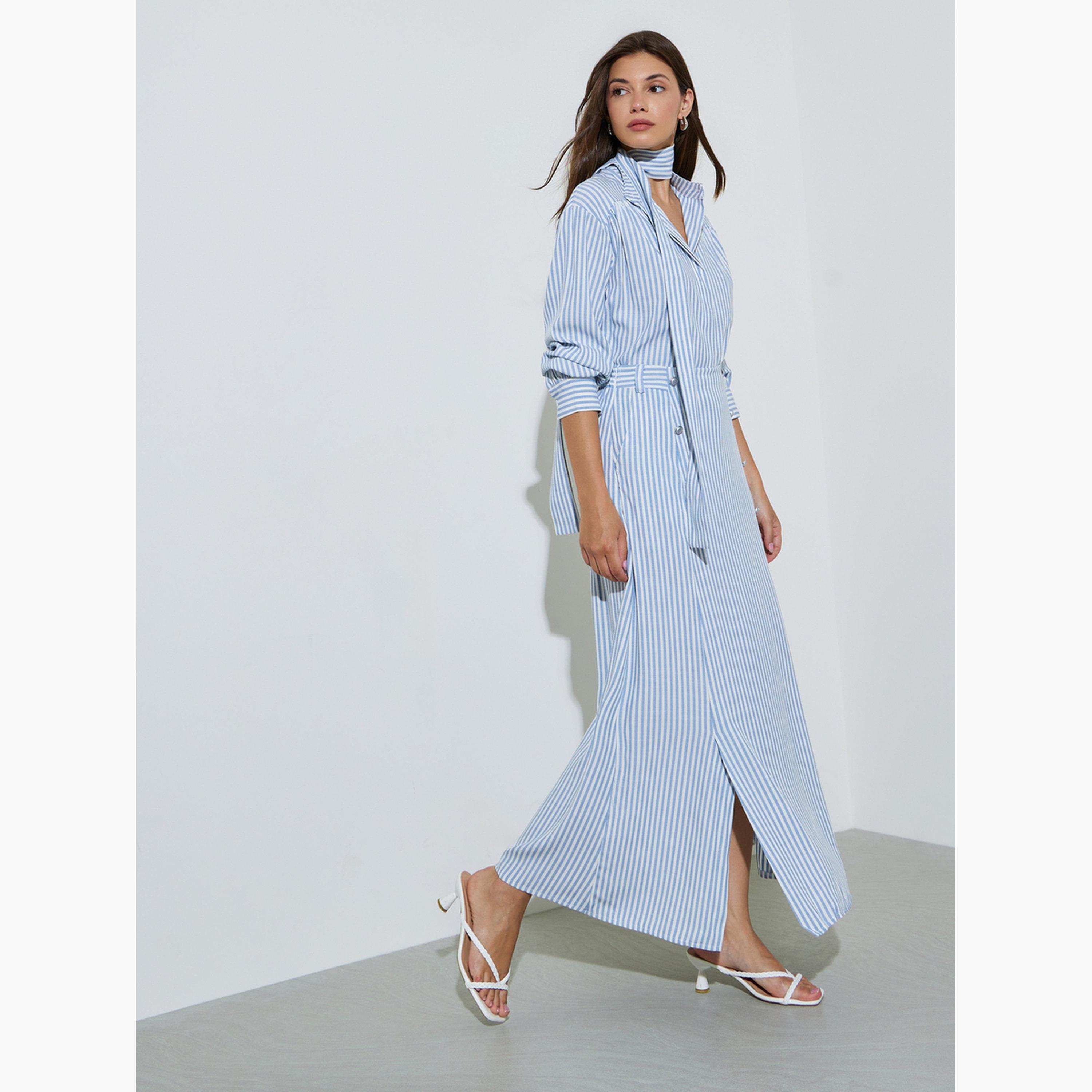 تنورة طويلة مخططة بفتحة أمامية-women-clothing-skirts-image-2