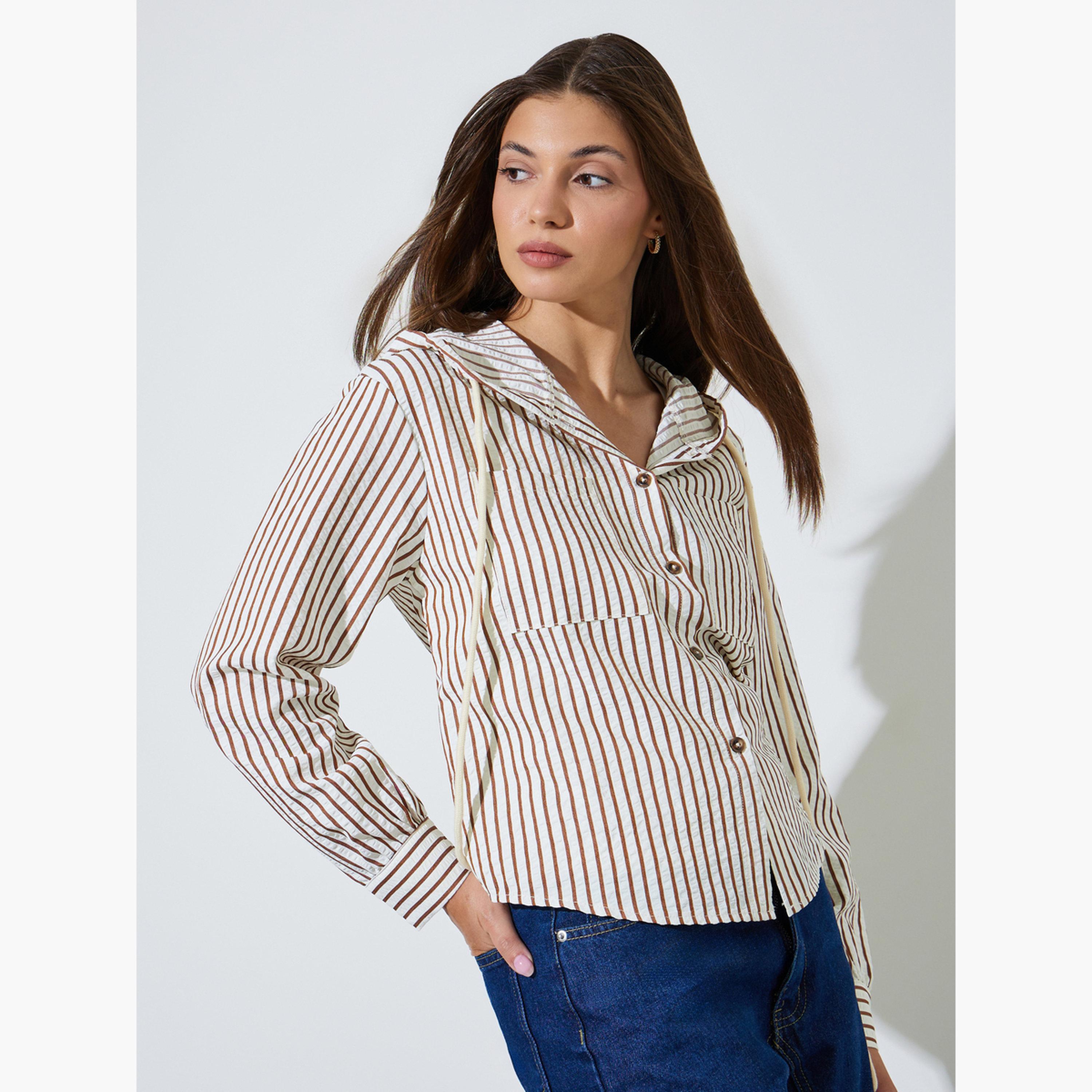 Styli Brown Hooded Striped Shirt-women-clothing-shirtsandblouses-shirts-image-1