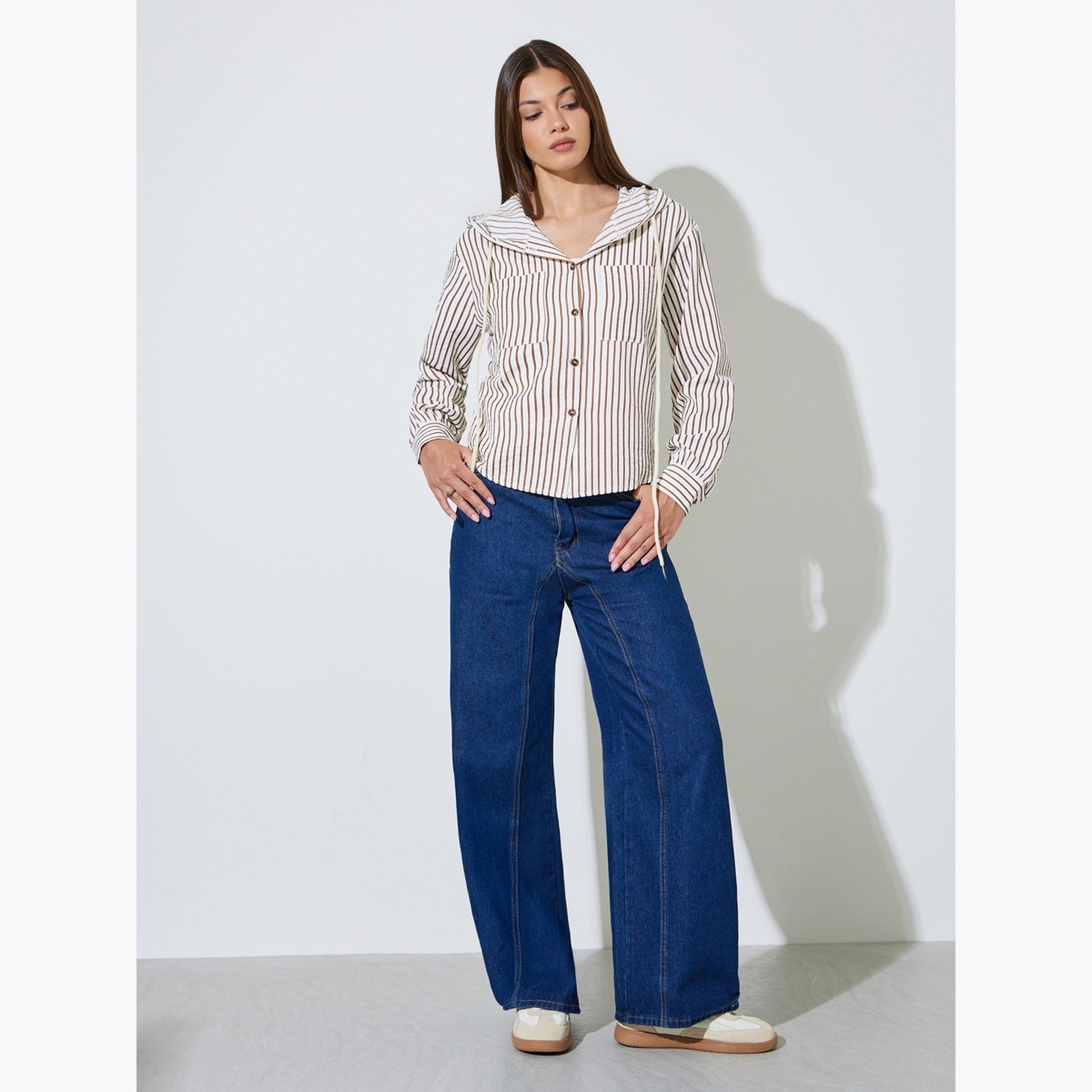 Styli Brown Hooded Striped Shirt-women-clothing-shirtsandblouses-shirts-image-2