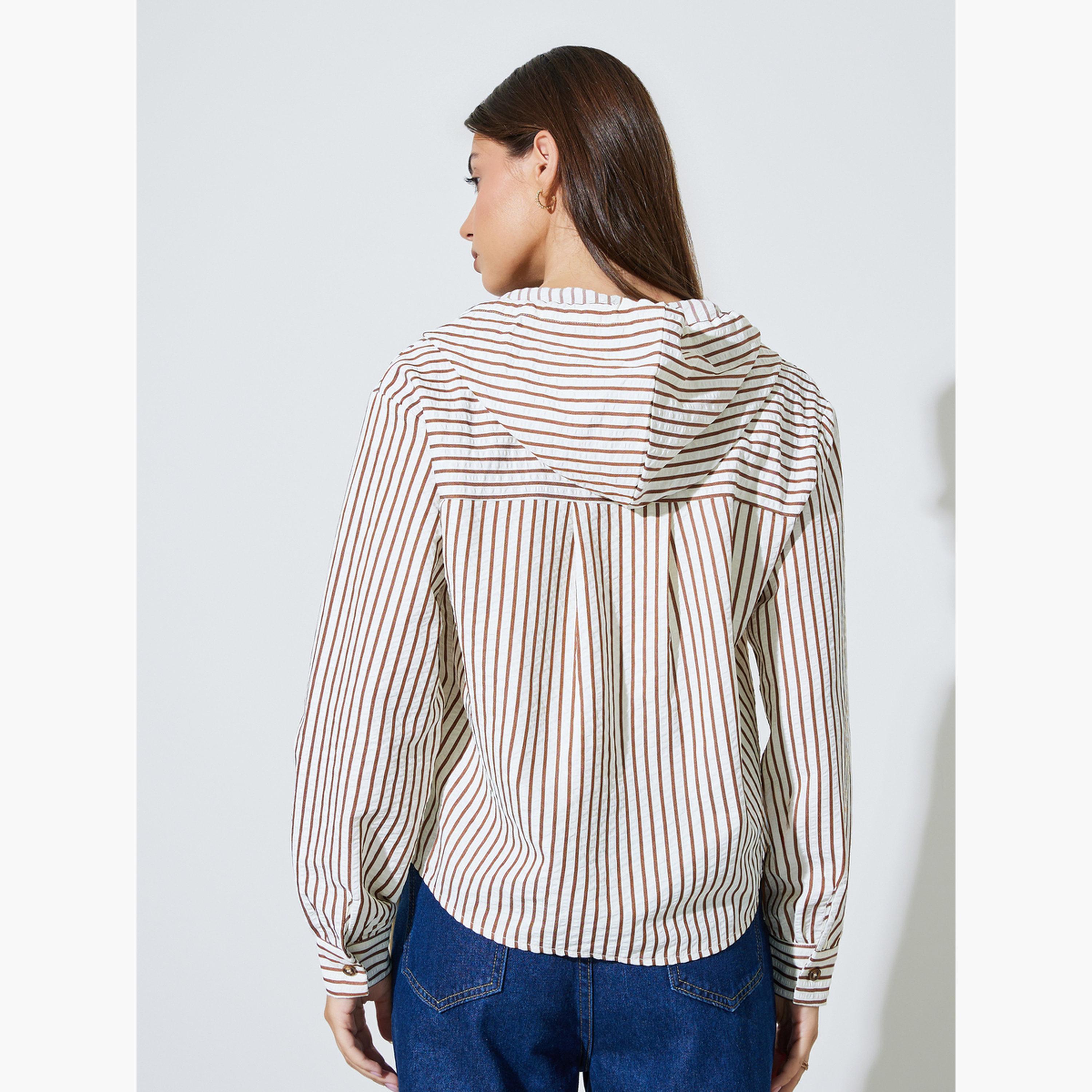 Styli Brown Hooded Striped Shirt-women-clothing-shirtsandblouses-shirts-image-3