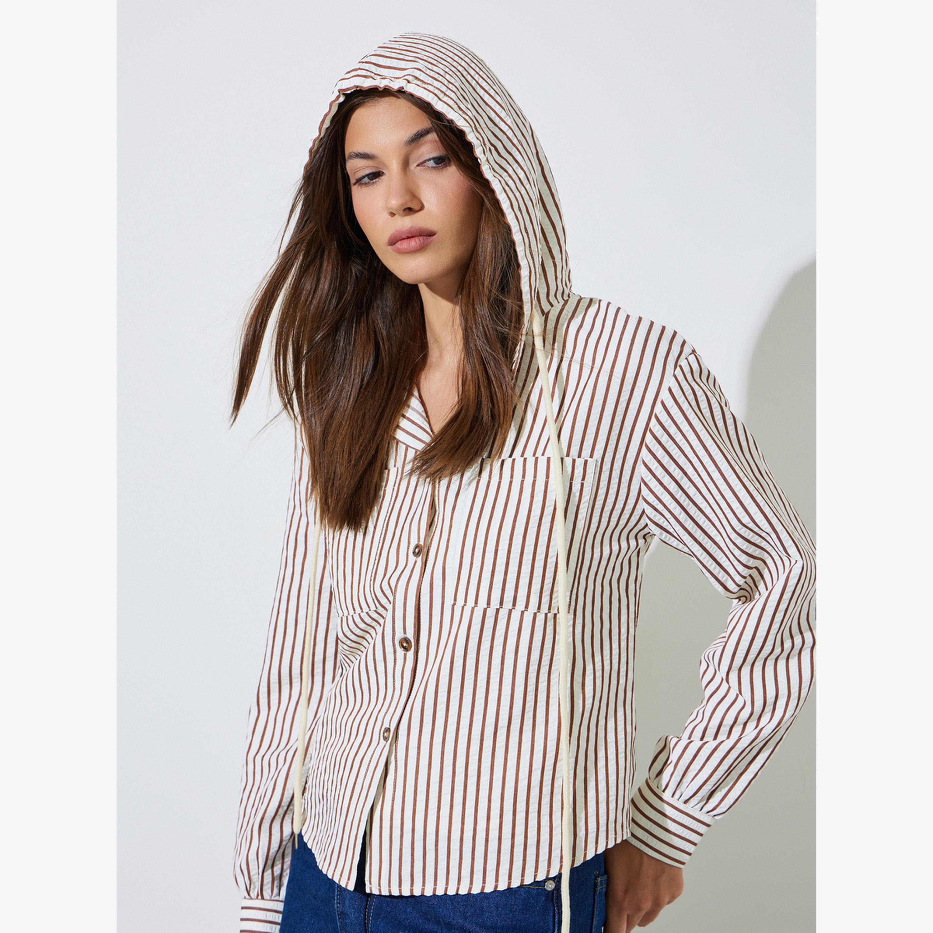 Styli Brown Hooded Striped Shirt-women-clothing-shirtsandblouses-shirts-image-4